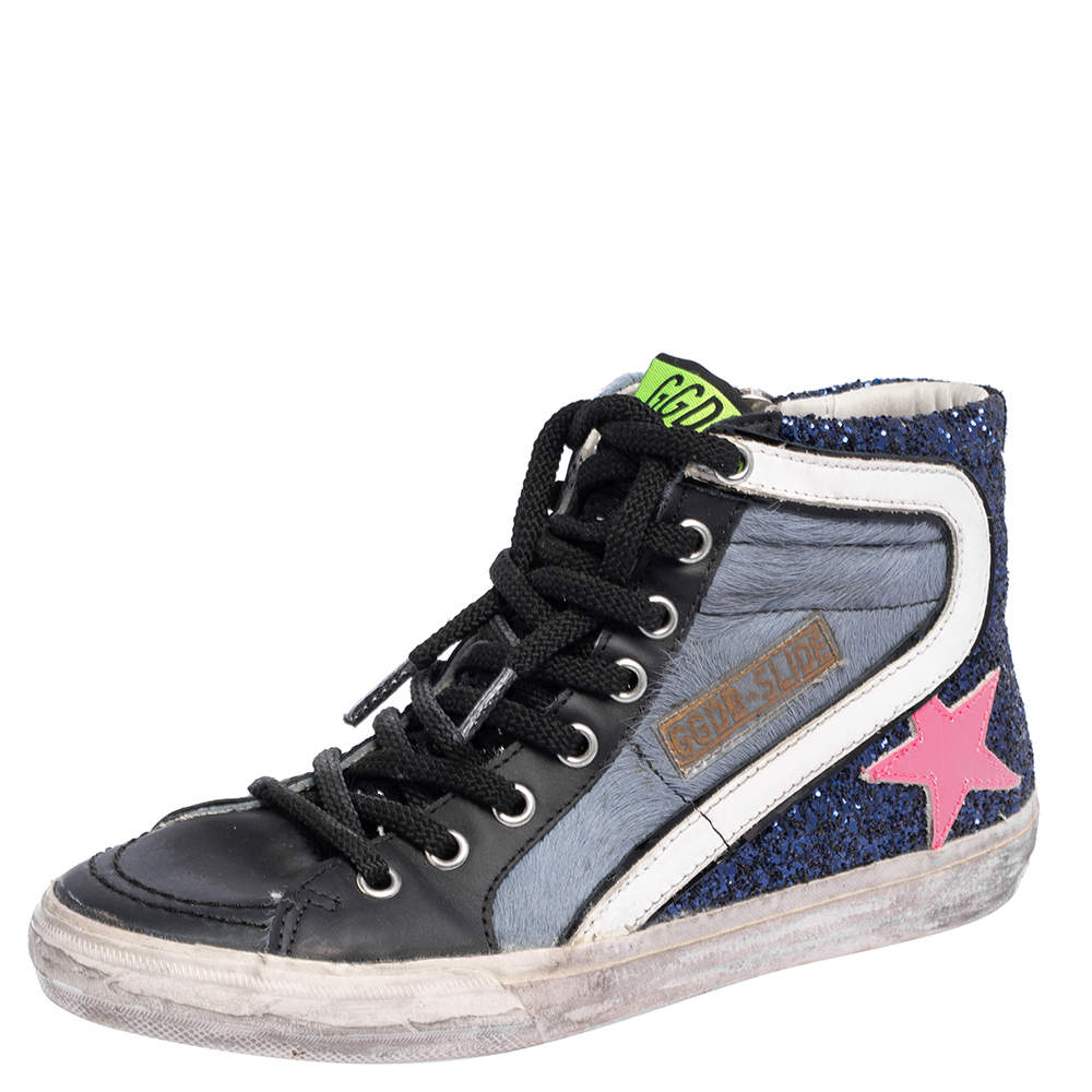 Pre Owned Golden Goose Multicolor Leather And Calf Hair Fancy High Top Sneakers Size 36