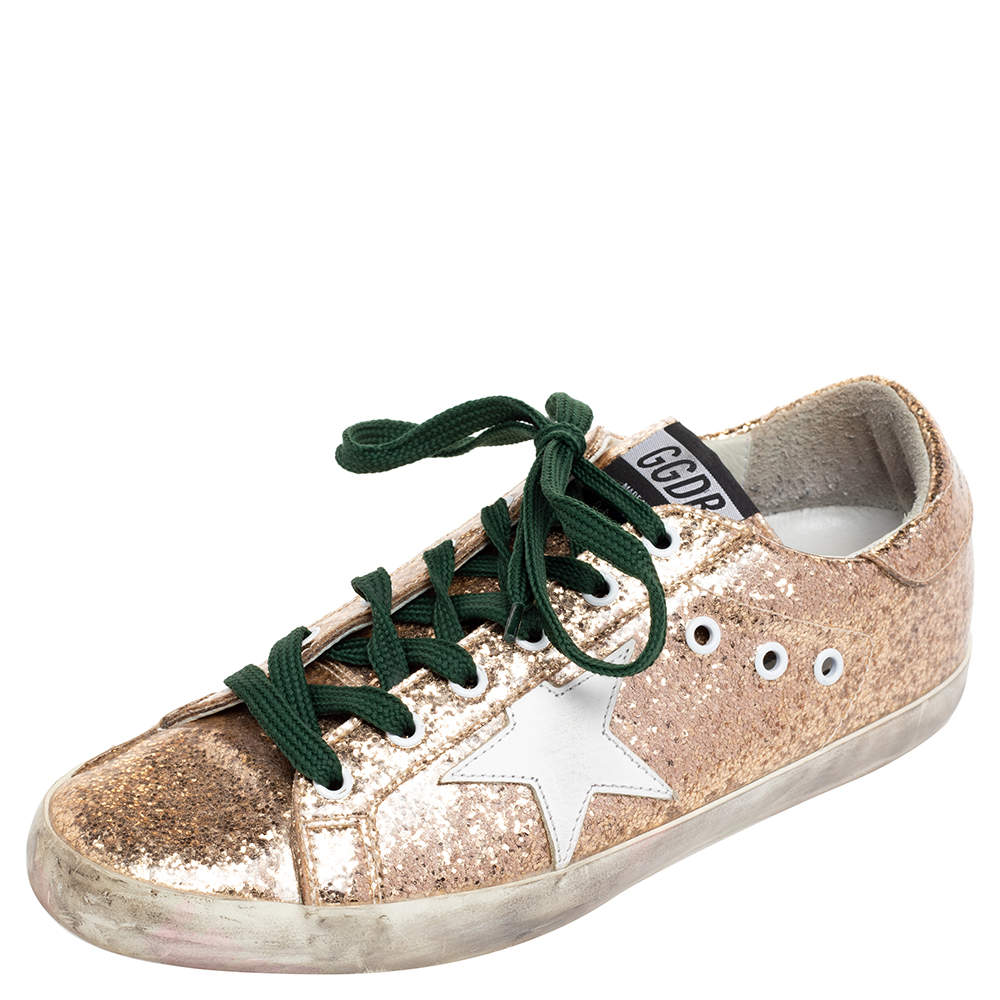 Pre Owned Golden Goose Gold Glitter Superstar Sneakers Size 40