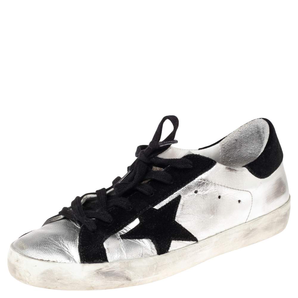 Pre Owned Golden Goose Silver/Black Glossy Leather and Suede Superstar Sneakers Size 39