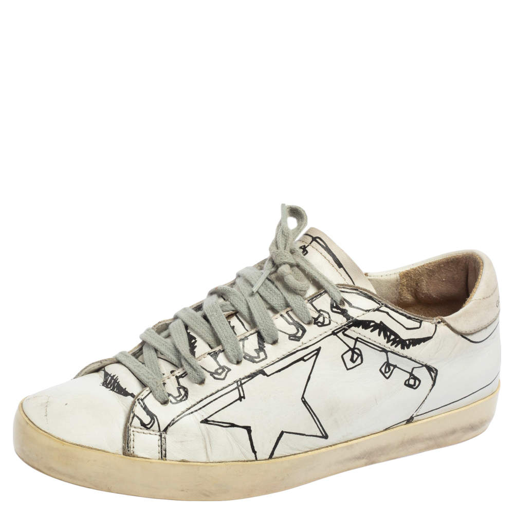 Pre Owned Golden Goose White Graphics Print Superstar Low Top Sneakers Size 38
