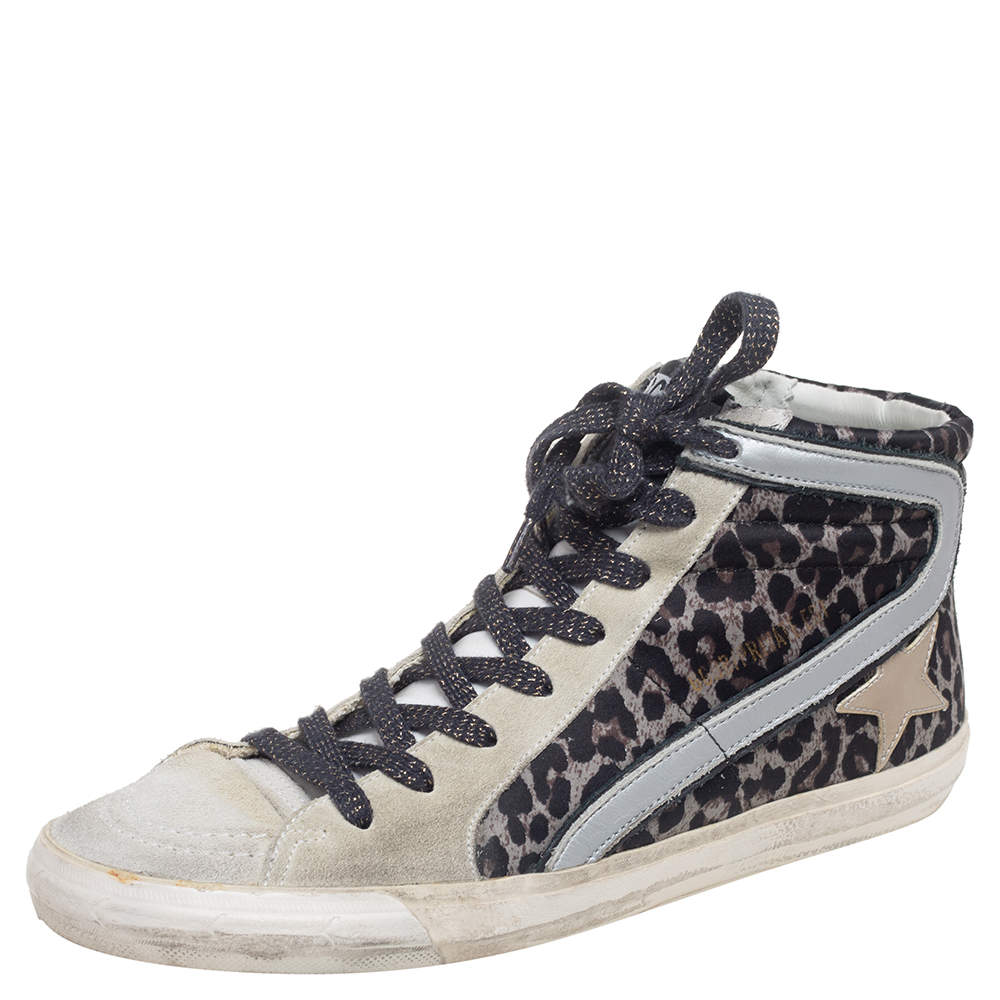 Golden Goose Tricolor Animal Print Fabric, Suede and Leather Fancy High Top Sneakers Size 39