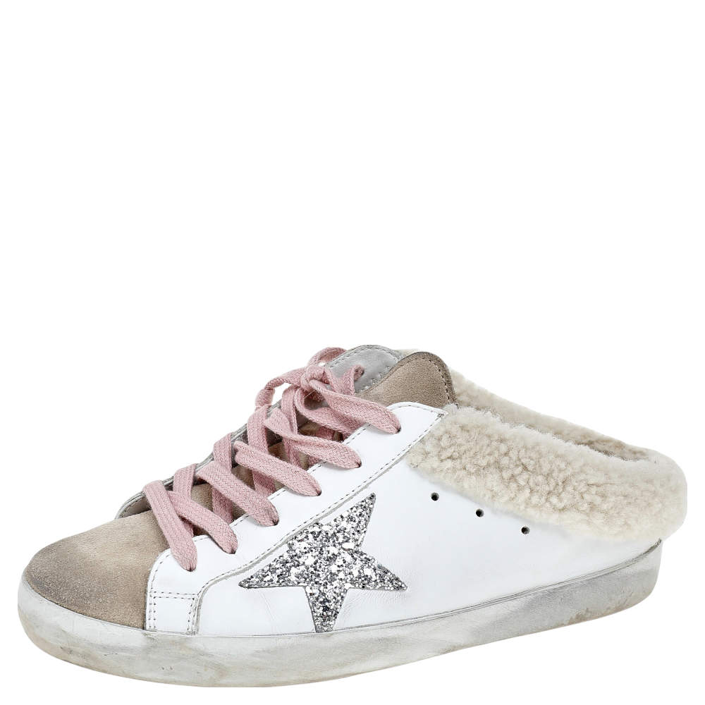 Pre Owned Golden Goose White/Beige Leather And Suede Superstar Sabot Shearling Sneakers Size 38