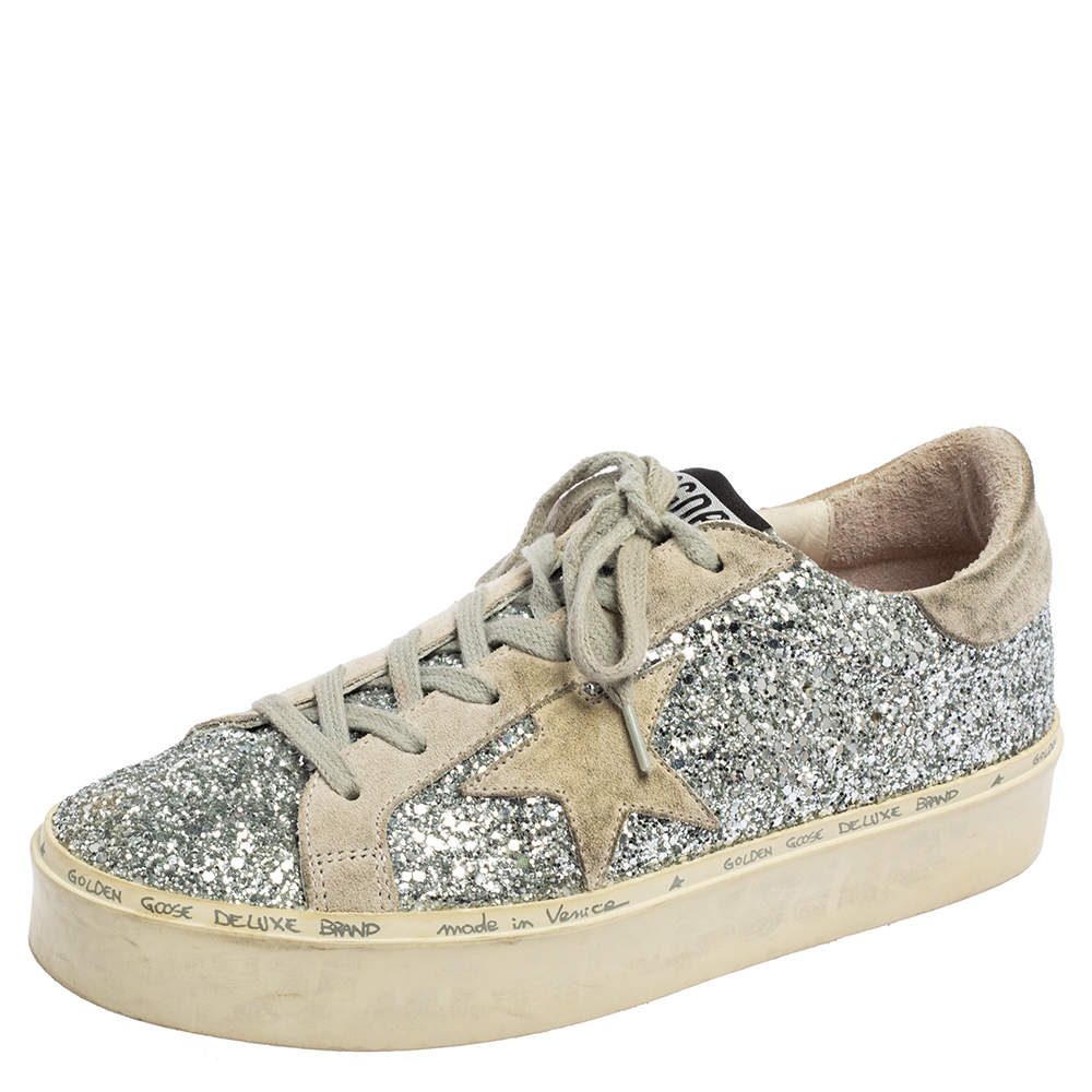 Pre Owned Golden Goose Silver/Grey Glitter And Suede Super Star Low Top Sneakers Size 38