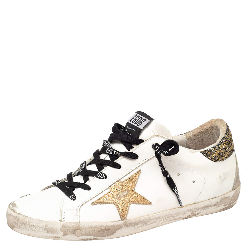 Pre Owned Golden Goose White/Grey Leather And Suede Superstar Low Top Sneakers Size 40