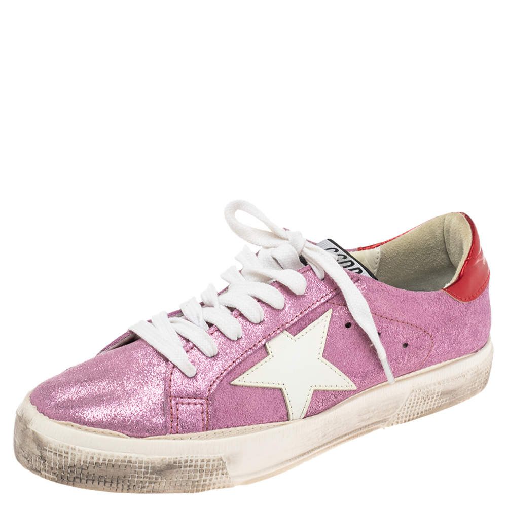 Pre Owned Golden Goose Pink/Red Leather And Suede Super Star Low Top Sneakers Size 38
