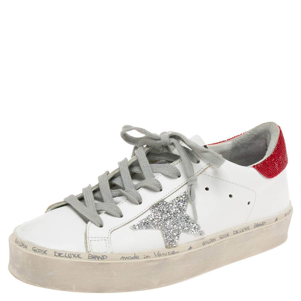 Pre Owned Golden Goose White Leather Crystal Embellished Hi Star Low Top Sneakers Size 36