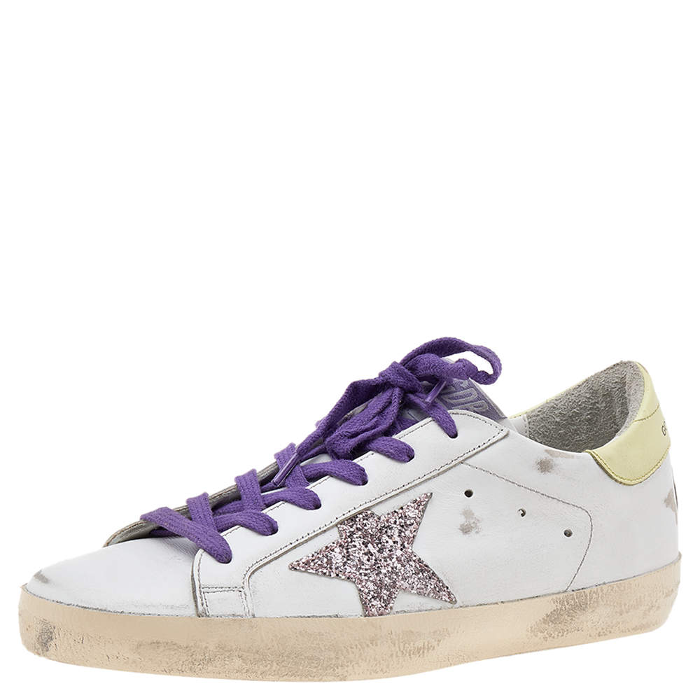 Pre Owned Golden Goose White Leather Superstar Glitter Embellished Low Top Sneakers Size 38