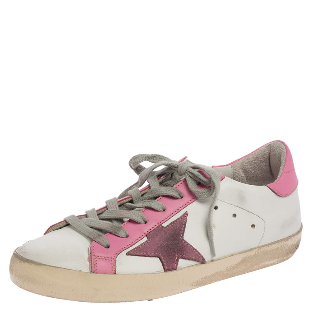 Golden Goose White And Pink Leather Star Applique Low Top Sneakers Size 37