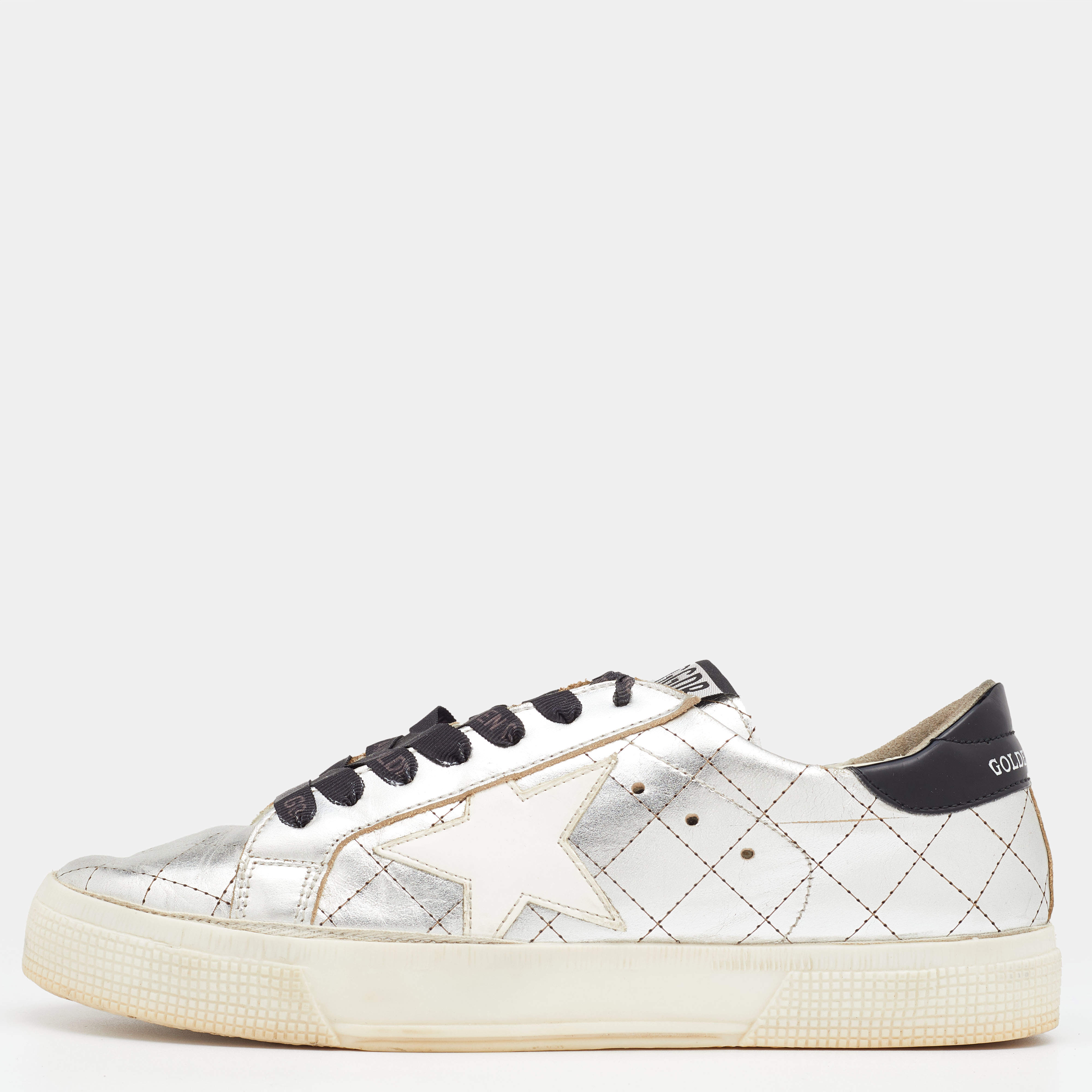 Pre Owned Golden Goose Silver Quilted Leather Lace Up Sneakers Size 38