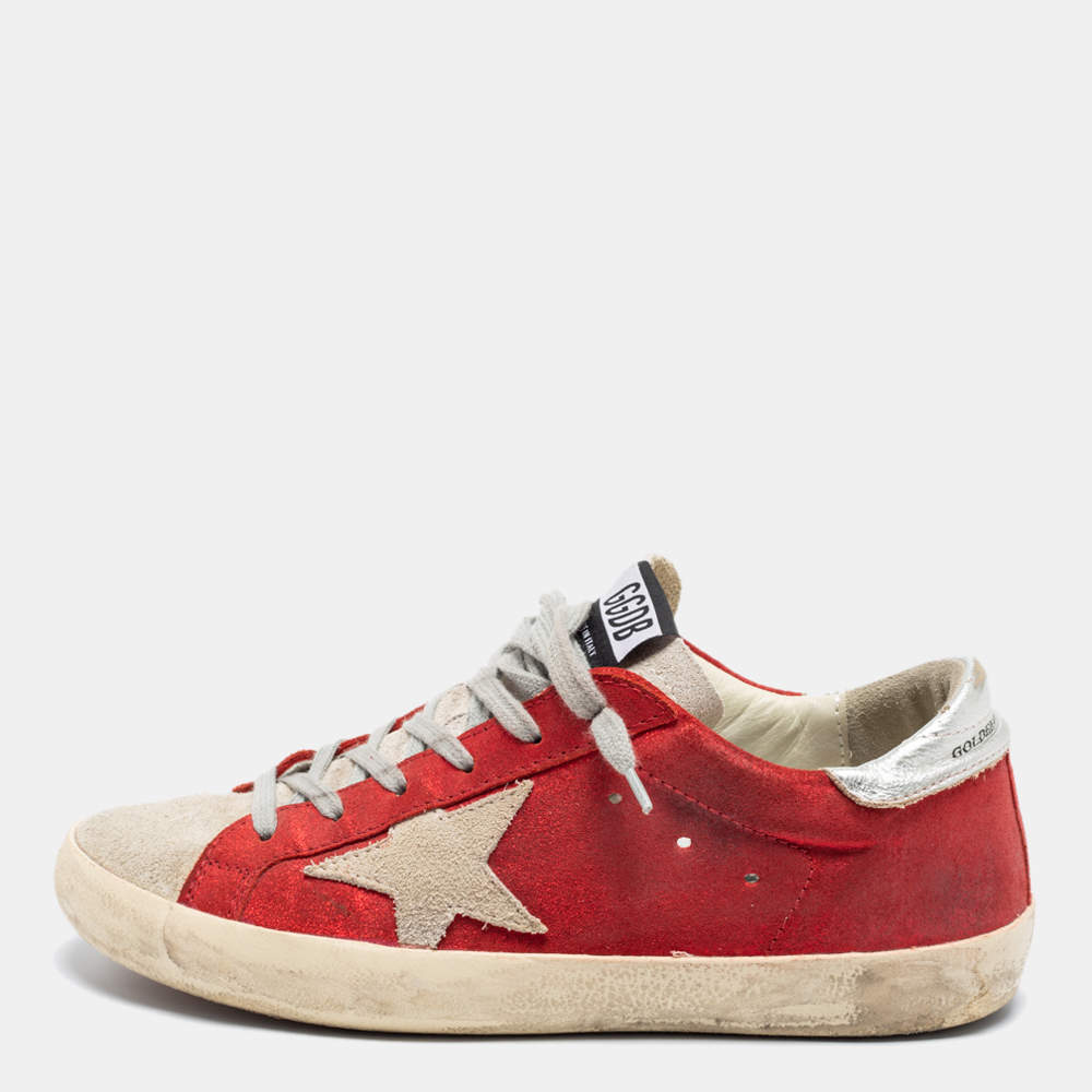 Golden Goose Red/Grey Suede And Leather Superstar Low Top Sneakers Size 38