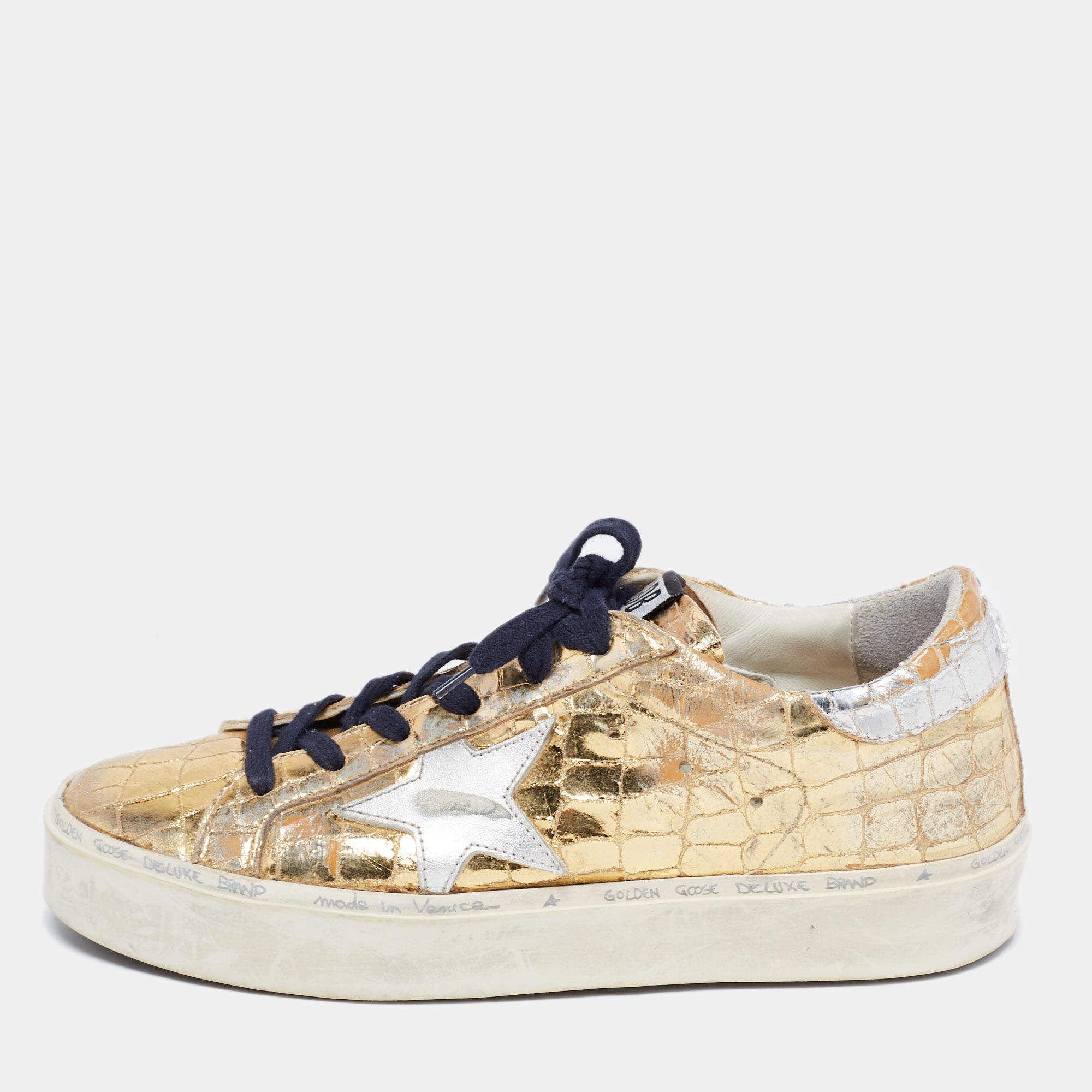 Golden Goose Gold Croc Embossed Leather Superstar Low-Top Sneakers Size 38
