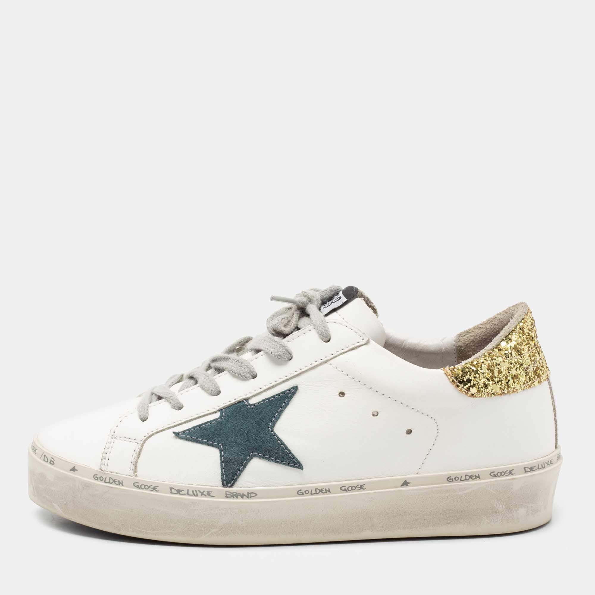 Pre Owned Golden Goose White/Yellow Leather and Glitter Hi Star Low-Top Sneakers Size 38