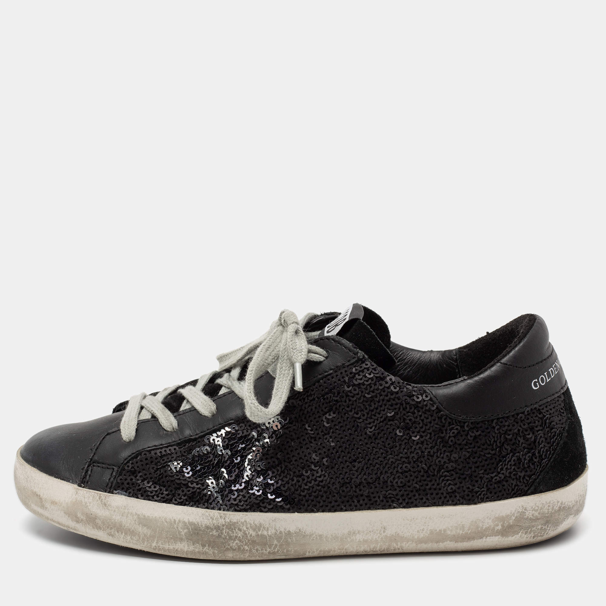 Pre Owned Golden Goose Black Sequins And Leather Superstar Sneakers Size 35