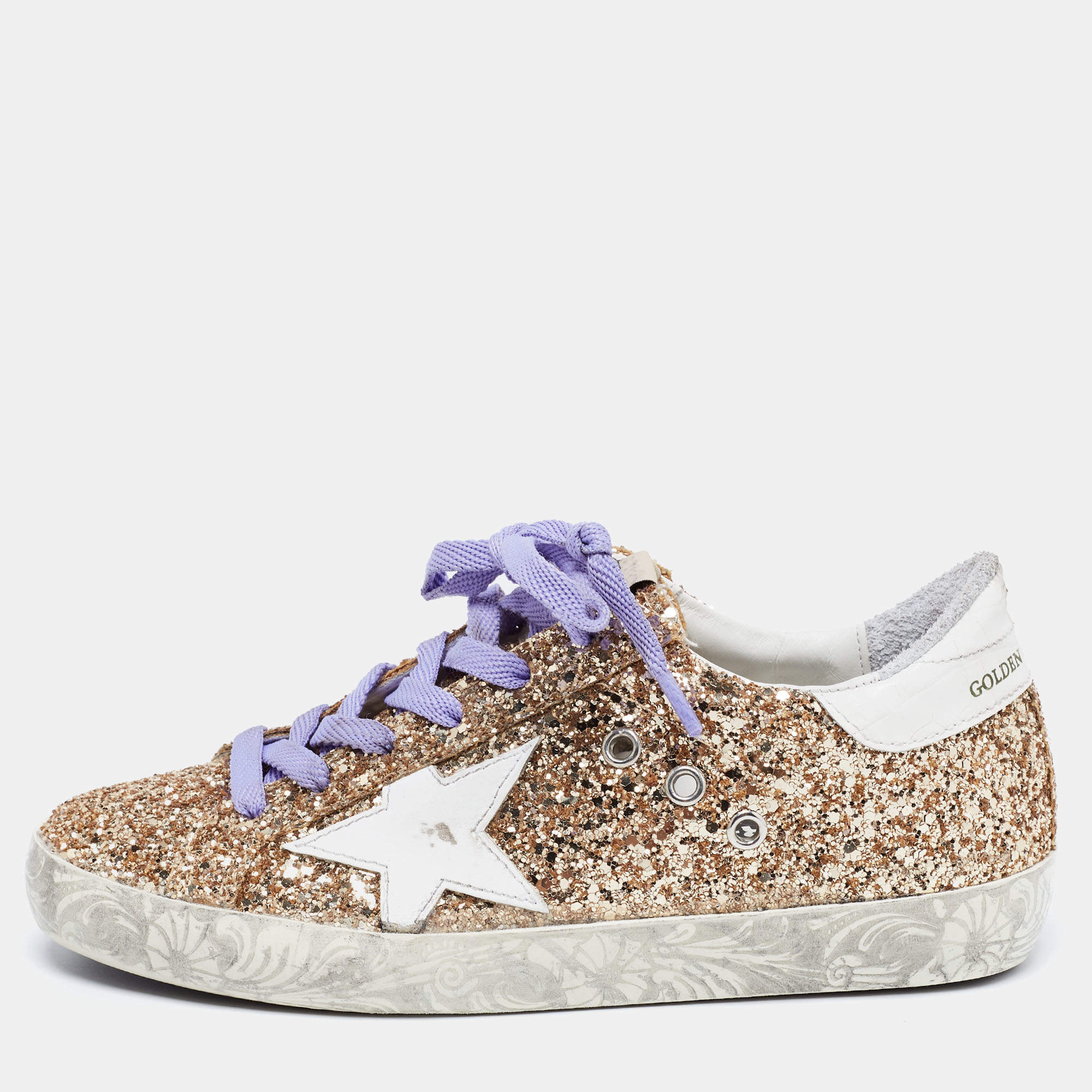 Pre Owned Golden Goose Gold Glitter And Leather Superstar Low Top Sneakers Size 36