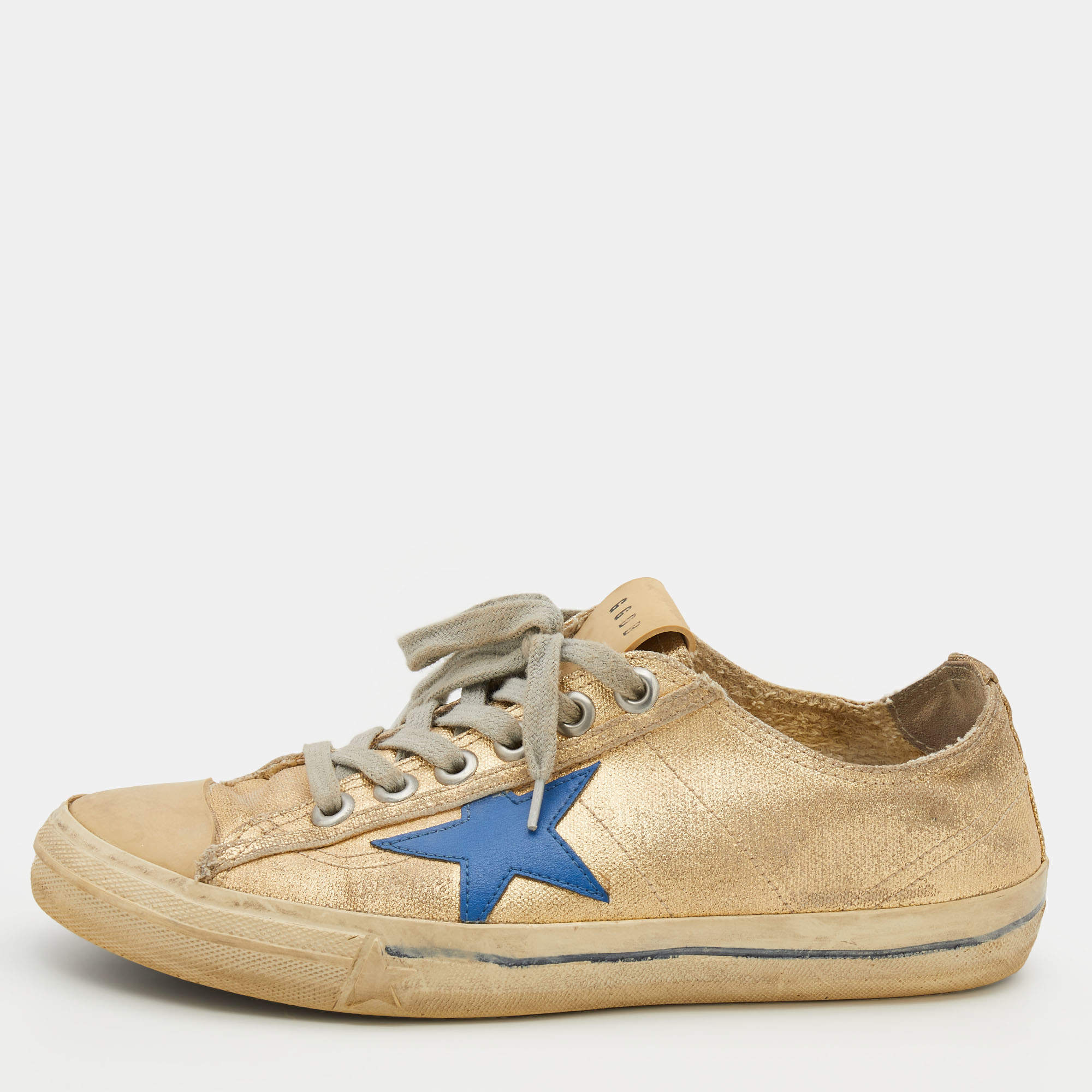 Golden Goose Metallic Gold/Blue Canvas And Leather V-Star Low Top Sneakers Size 38