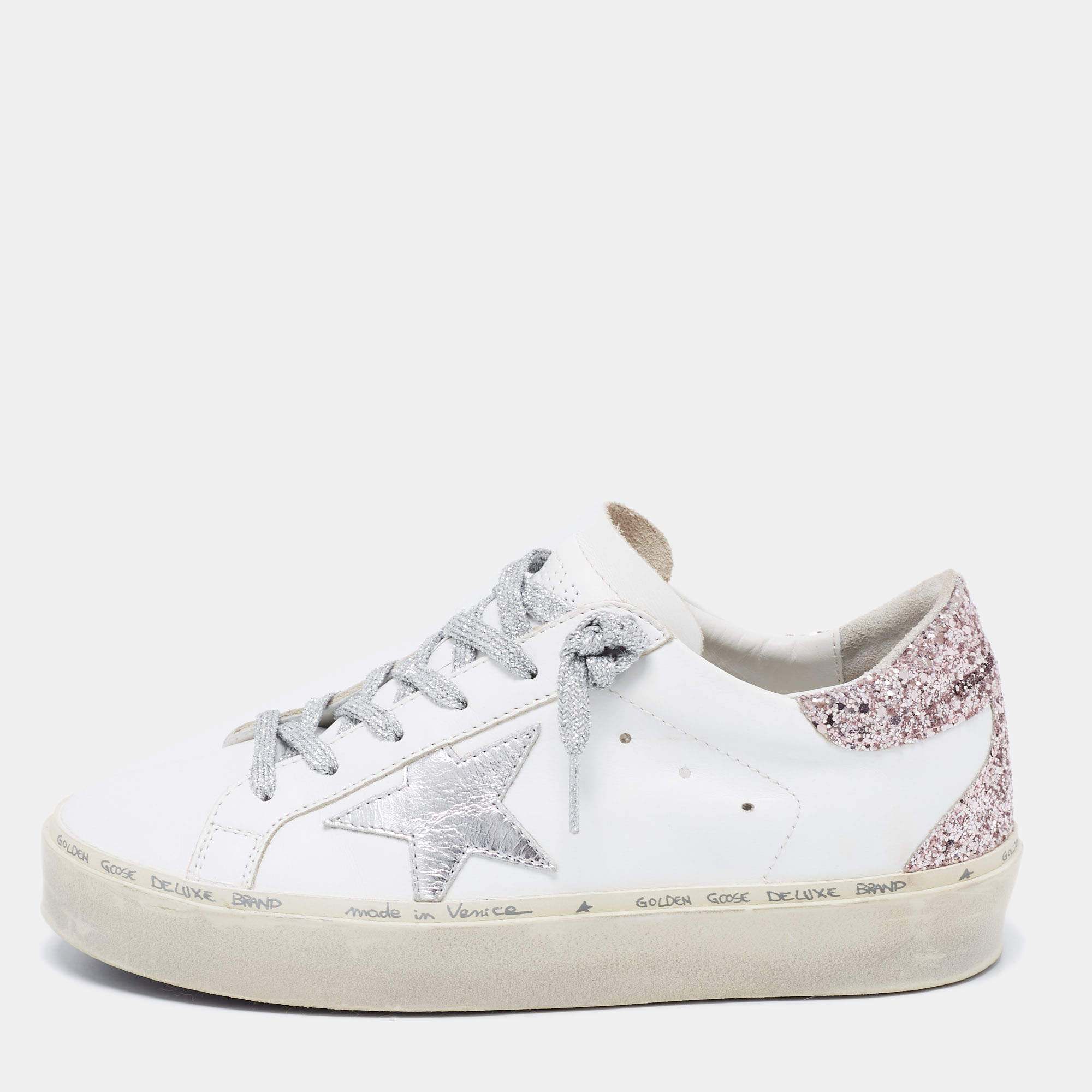 Pre Owned Golden Goose White/Pink Leather and Glitter Star Low-Top Sneakers Size 38