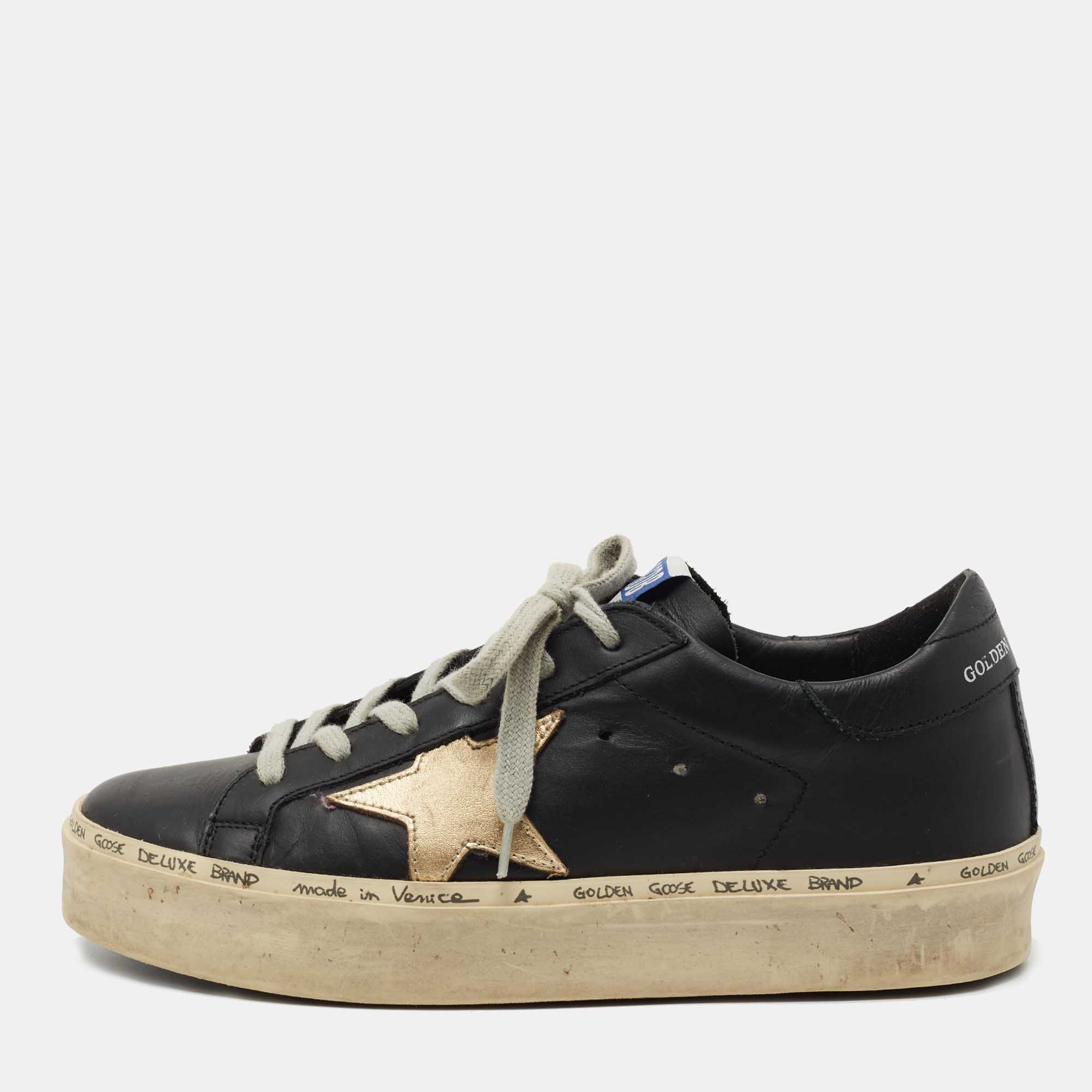 Pre Owned Golden Goose Black/Gold Leather Hi Star Sneakers Size 36