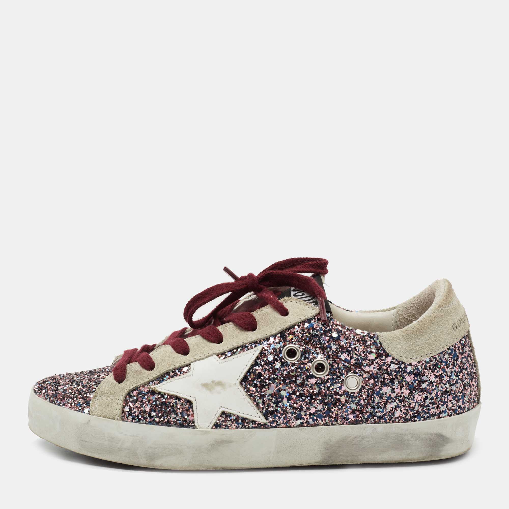 Pre Owned Golden Goose Multicolor Glitter and Leather Super Star Sneakers Size 36