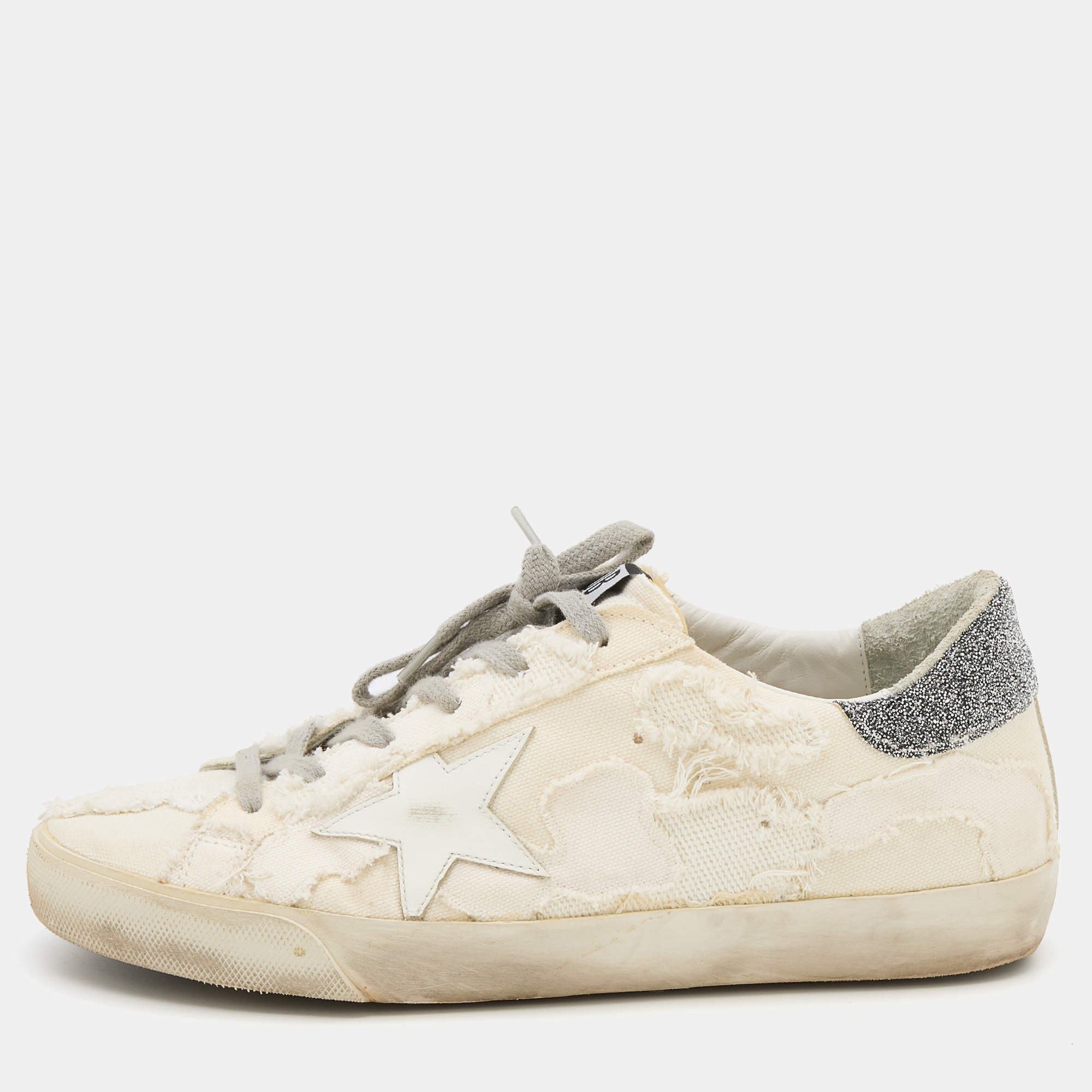 Pre Owned Golden Goose Milk White Beige Canvas Crystal Heel Super Star Classic Sneakers Size 39