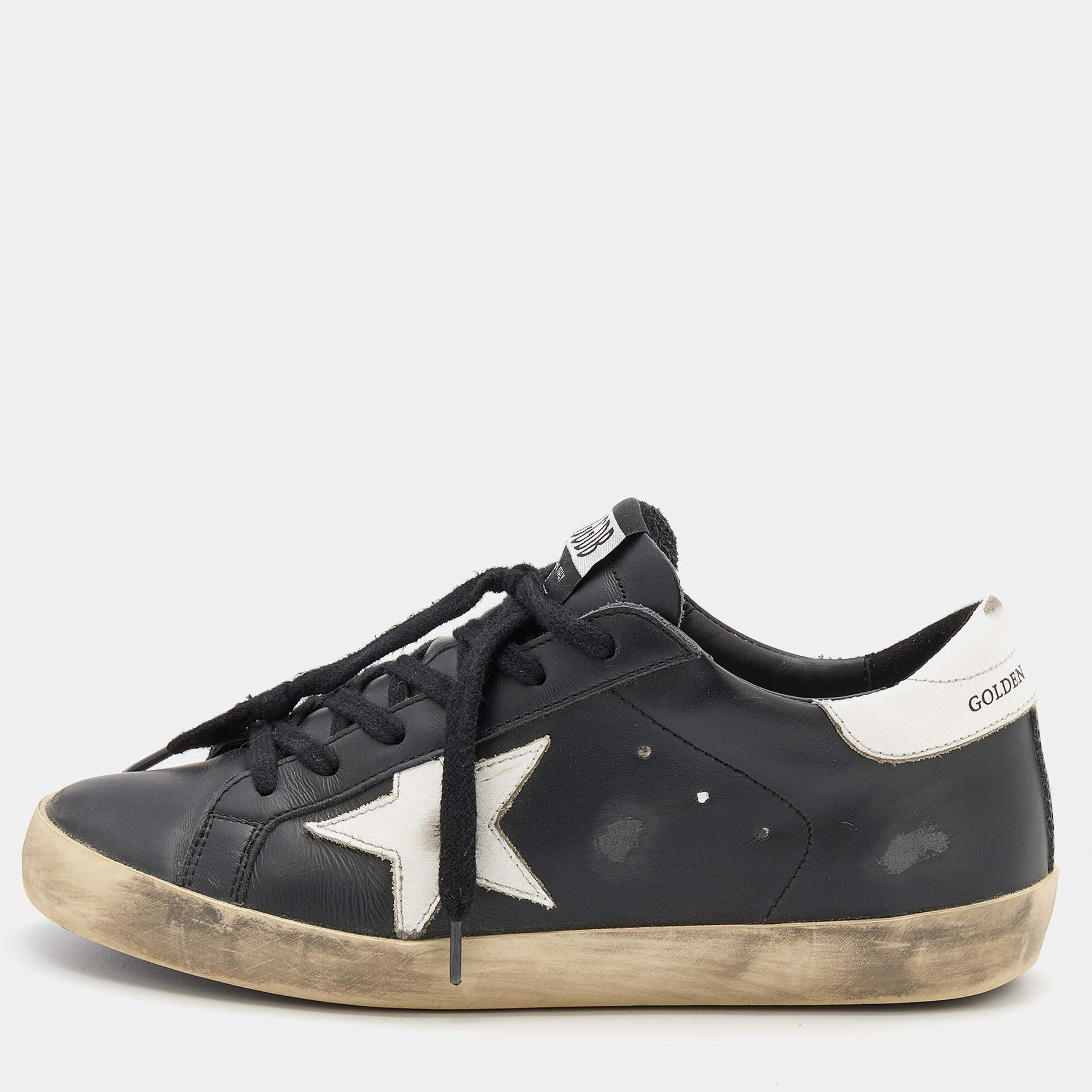 Pre Owned Golden Goose Black/White Leather Star Hi Star Sneaker Size EU 36