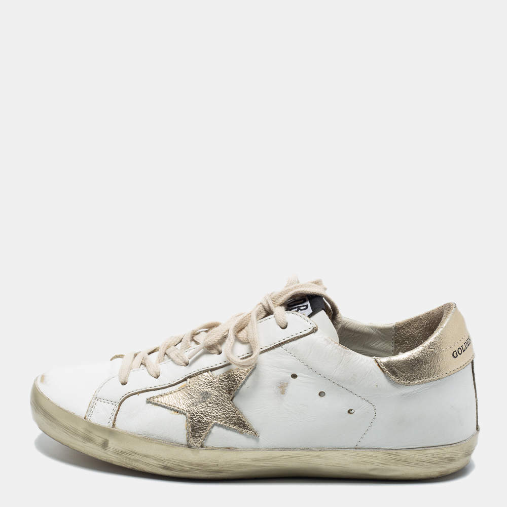Pre Owned Golden Goose White/Gold Leather Superstar Low Top Sneakers Size 38