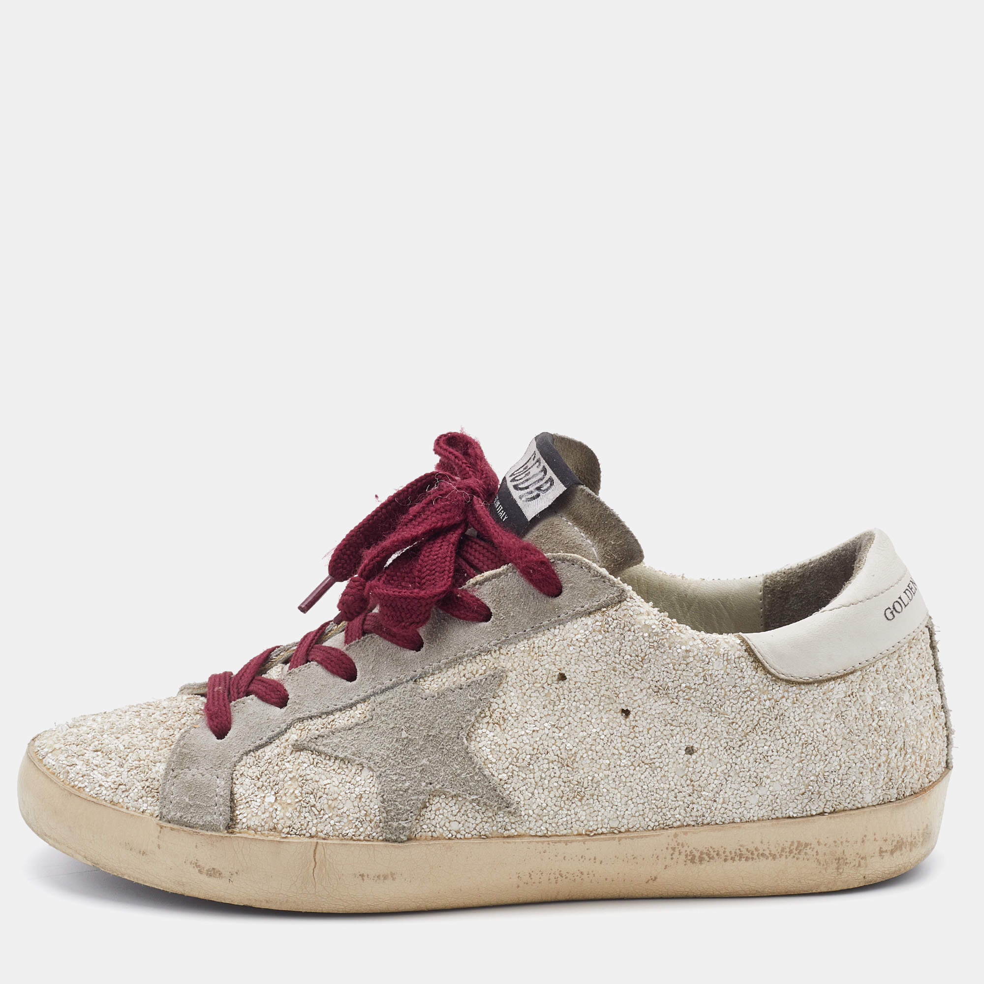 Pre Owned Golden Goose Off-White/Grey Glitter and Suede Superstar Low Top Sneakers Size 38