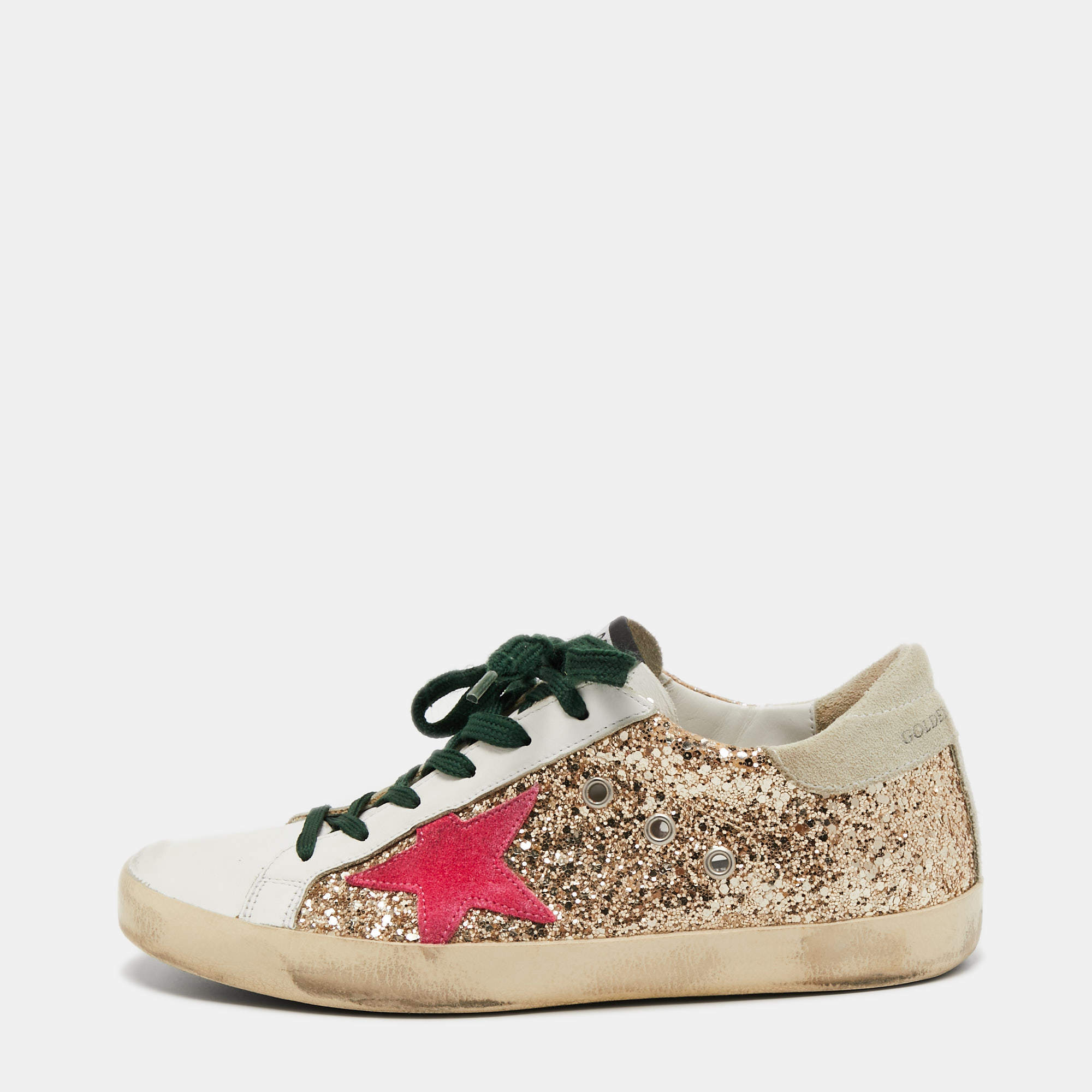 Pre Owned Golden Goose White Leather And Sequin Low Top Sneakers Size 39