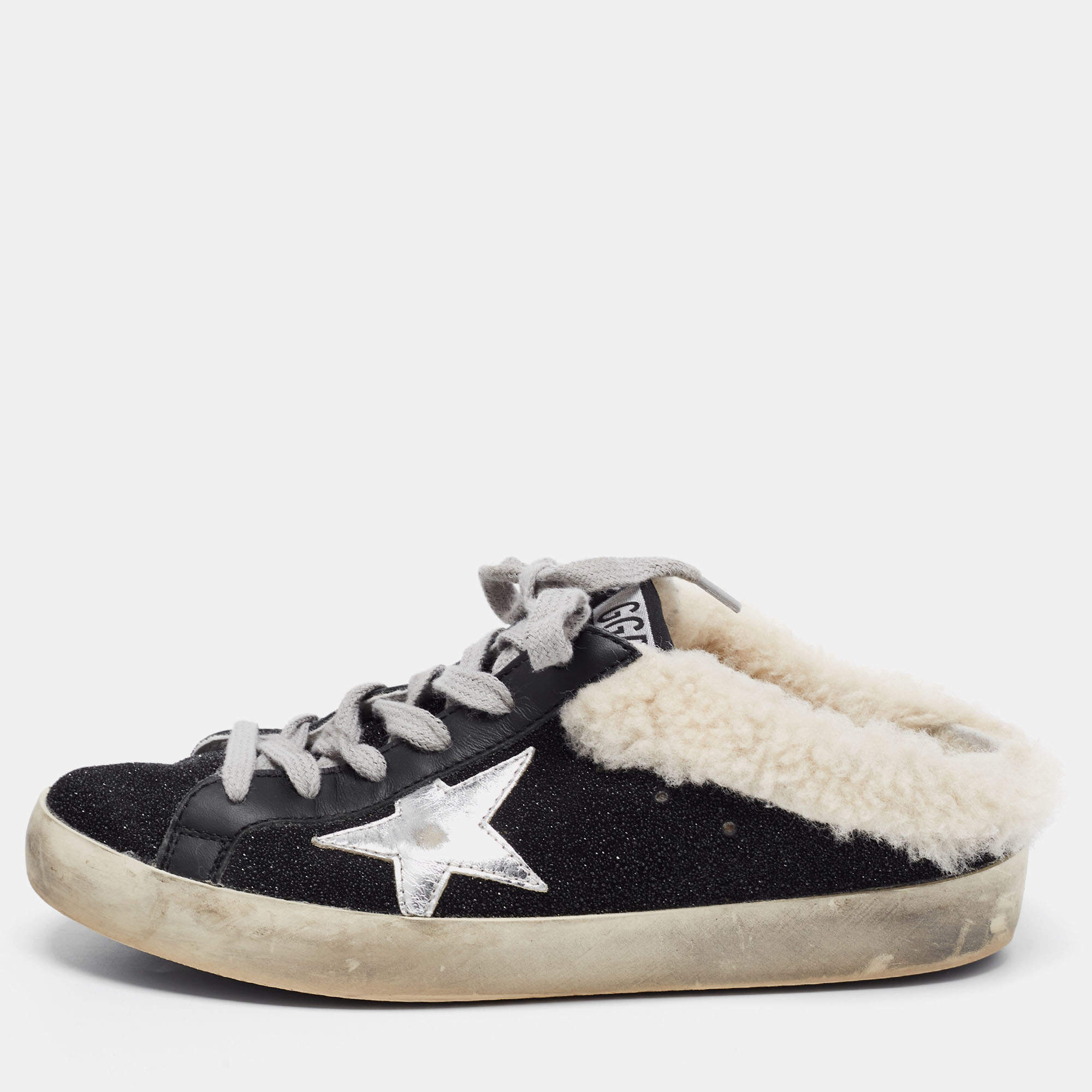 Pre Owned Golden Goose Black Leather and Shearling Super Star Sneakers Size 37