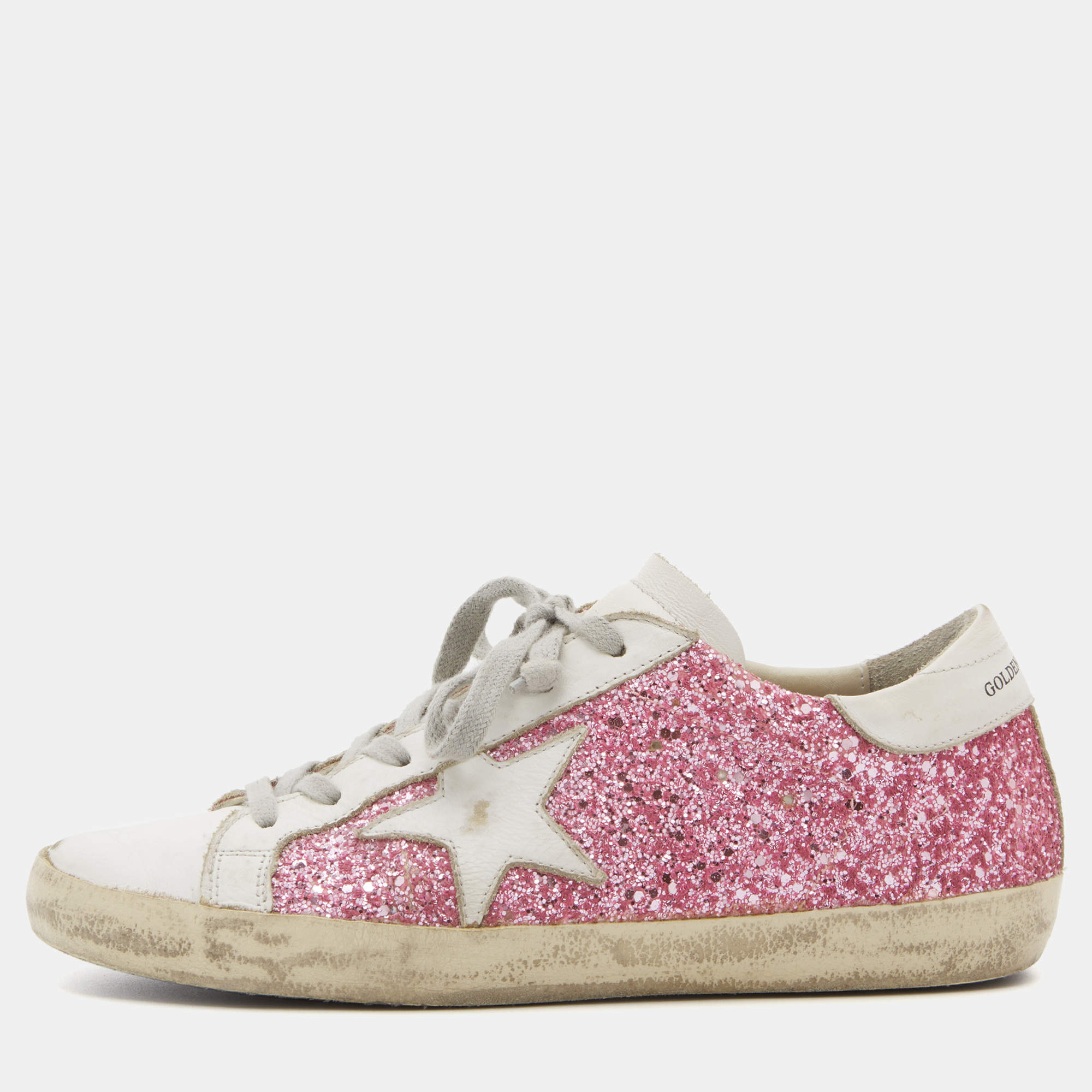 Pre Owned Golden Goose White/Pink Leather and Glitter Super Star Applique Sneakers Size 38