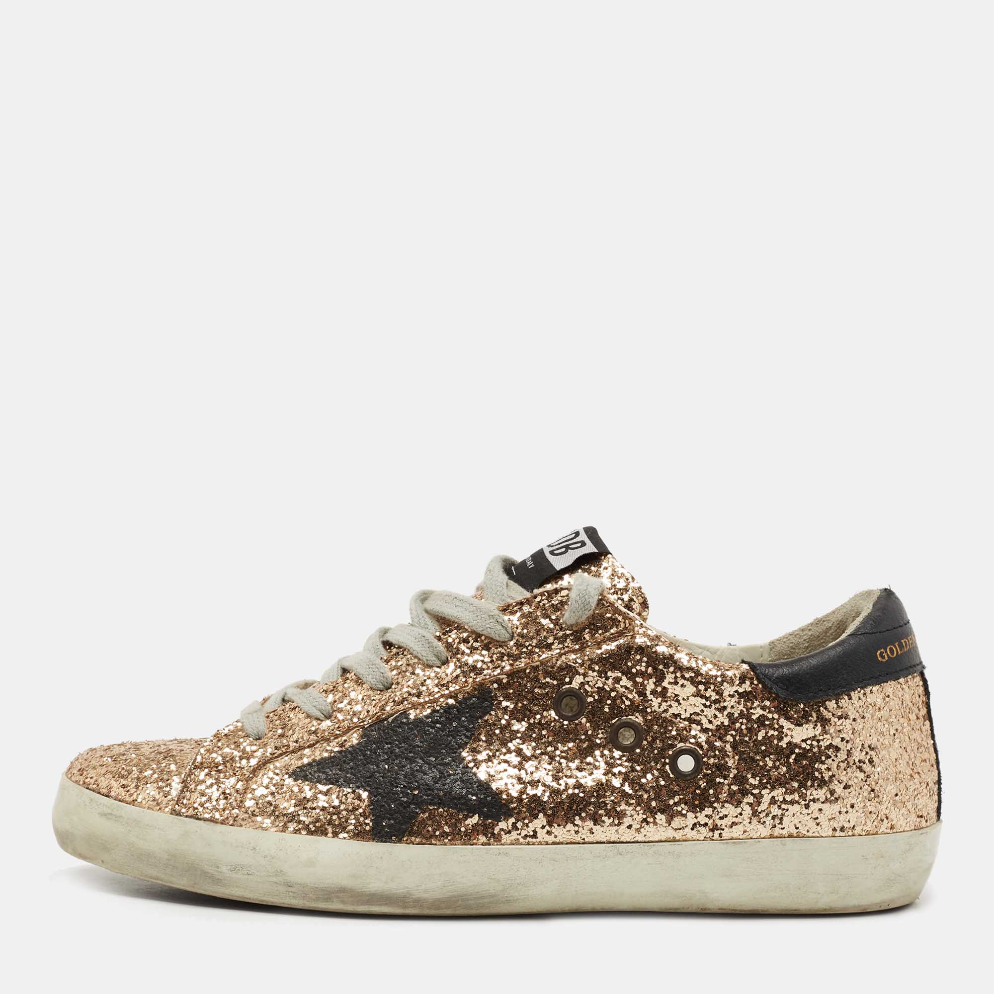 Pre Owned Golden Goose Metallic Gold Glitter and Leather Superstar Sneakers Size 40