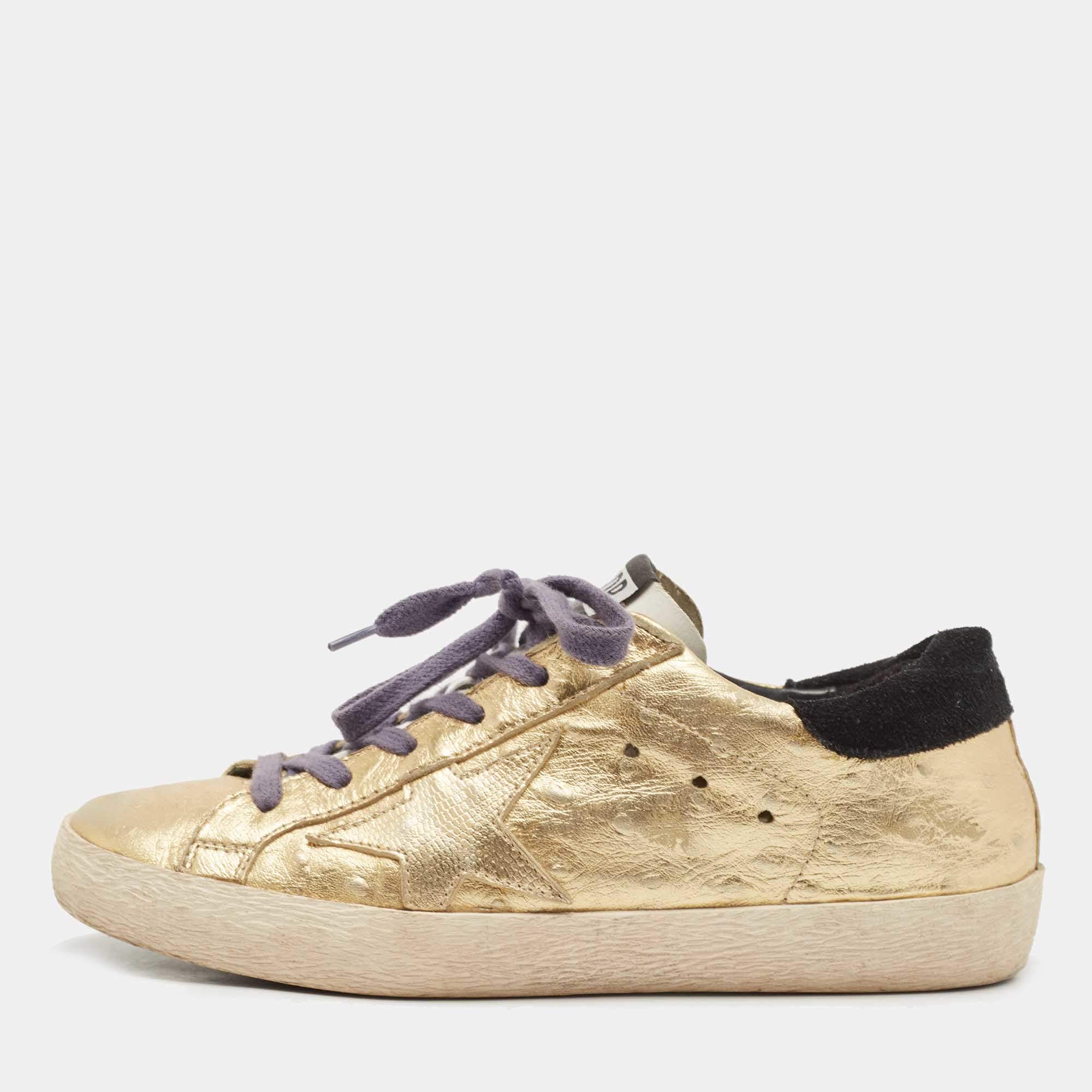 Golden Goose Gold Ostrich Embossed Leather Super Star Sneakers Size 35