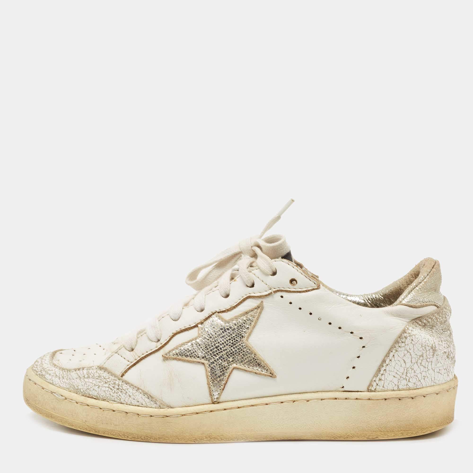 Pre Owned Golden Goose White/Silver Leather Ball star Low Top Sneakers Size 35