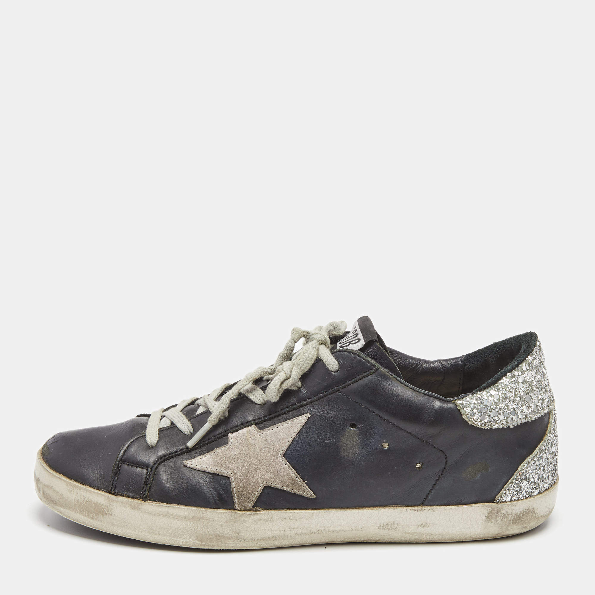 Golden Goose Black/Silver Leather and Coarse Glitter Superstar Low Top Sneakers Size 38