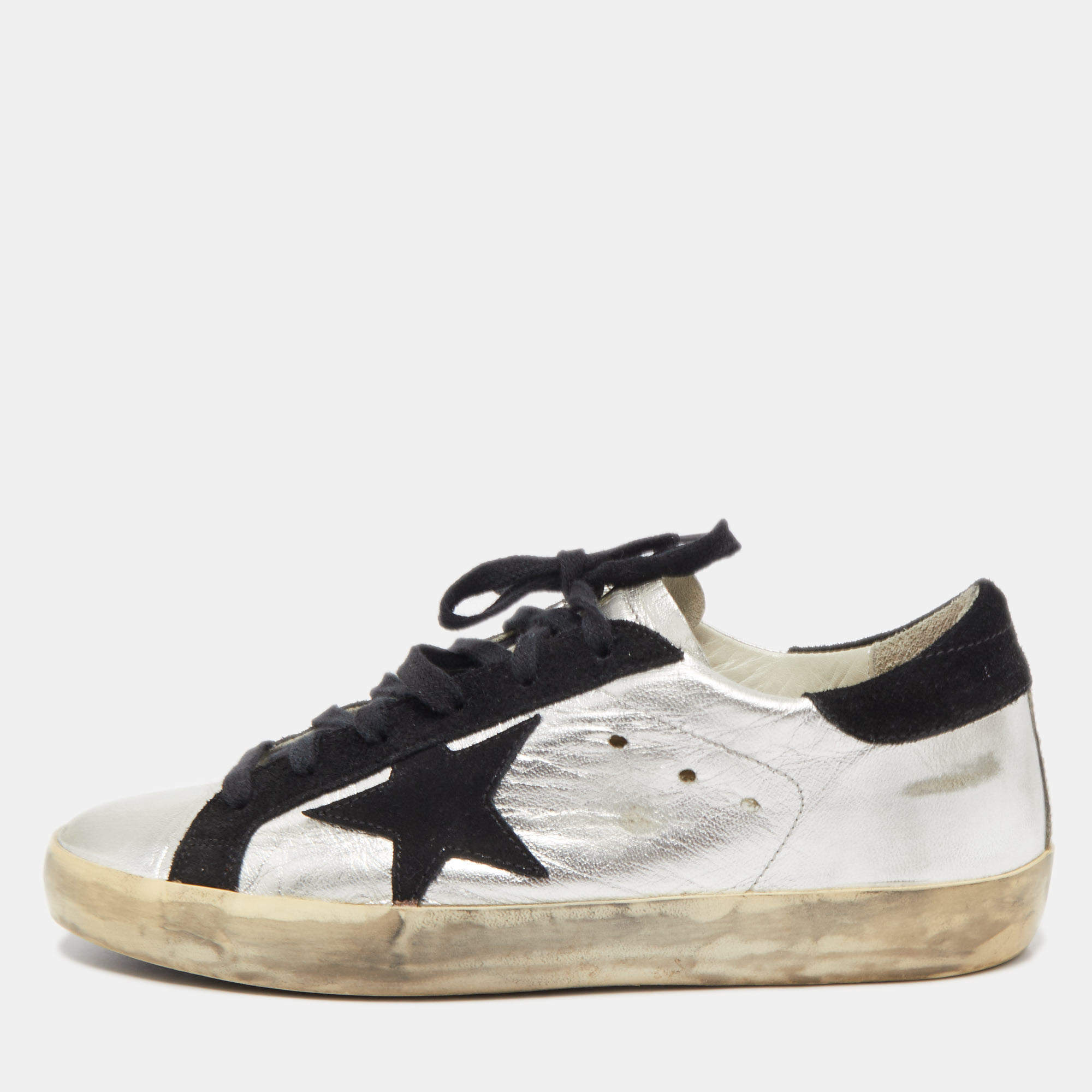 Pre Owned Golden Goose Silver/Black Leather and Suede Superstar Sneakers Size 38