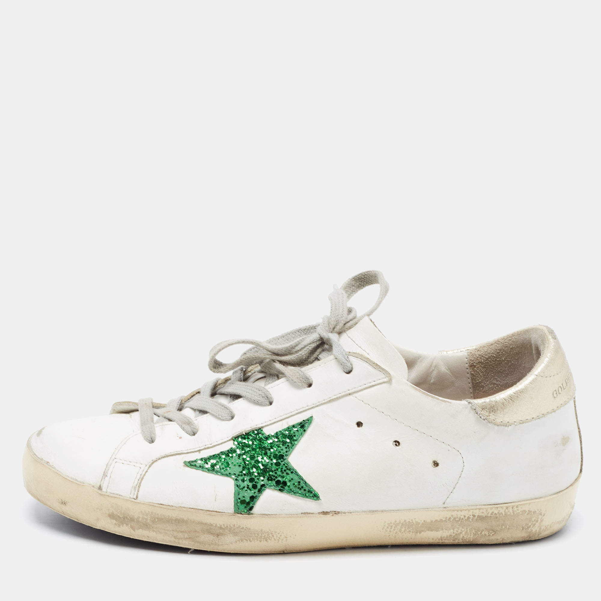 Pre Owned Golden Goose White/Green Leather and Coarse Glitter Superstar Sneakers Size 38