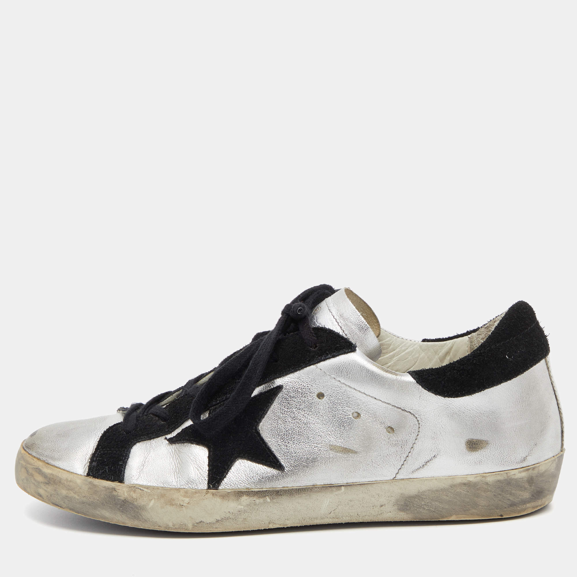 Golden Goose Metallic/Black Leather and Suede Superstar Sneakers Size 40