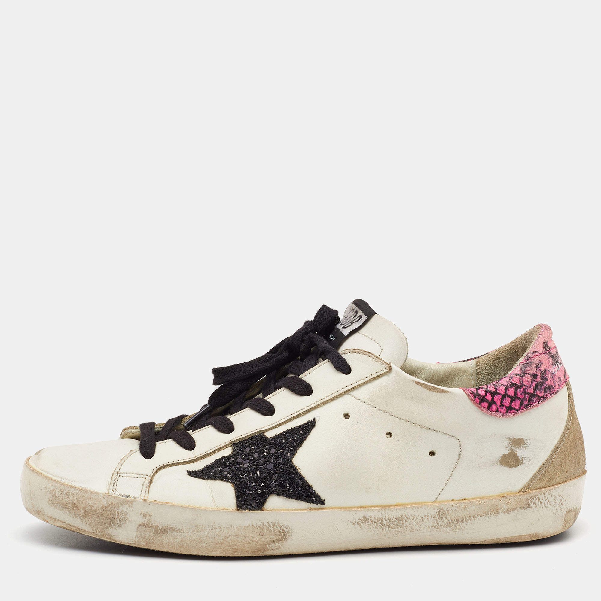 Golden Goose White/Pink Leather and Suede Superstar Sneakers Size 38