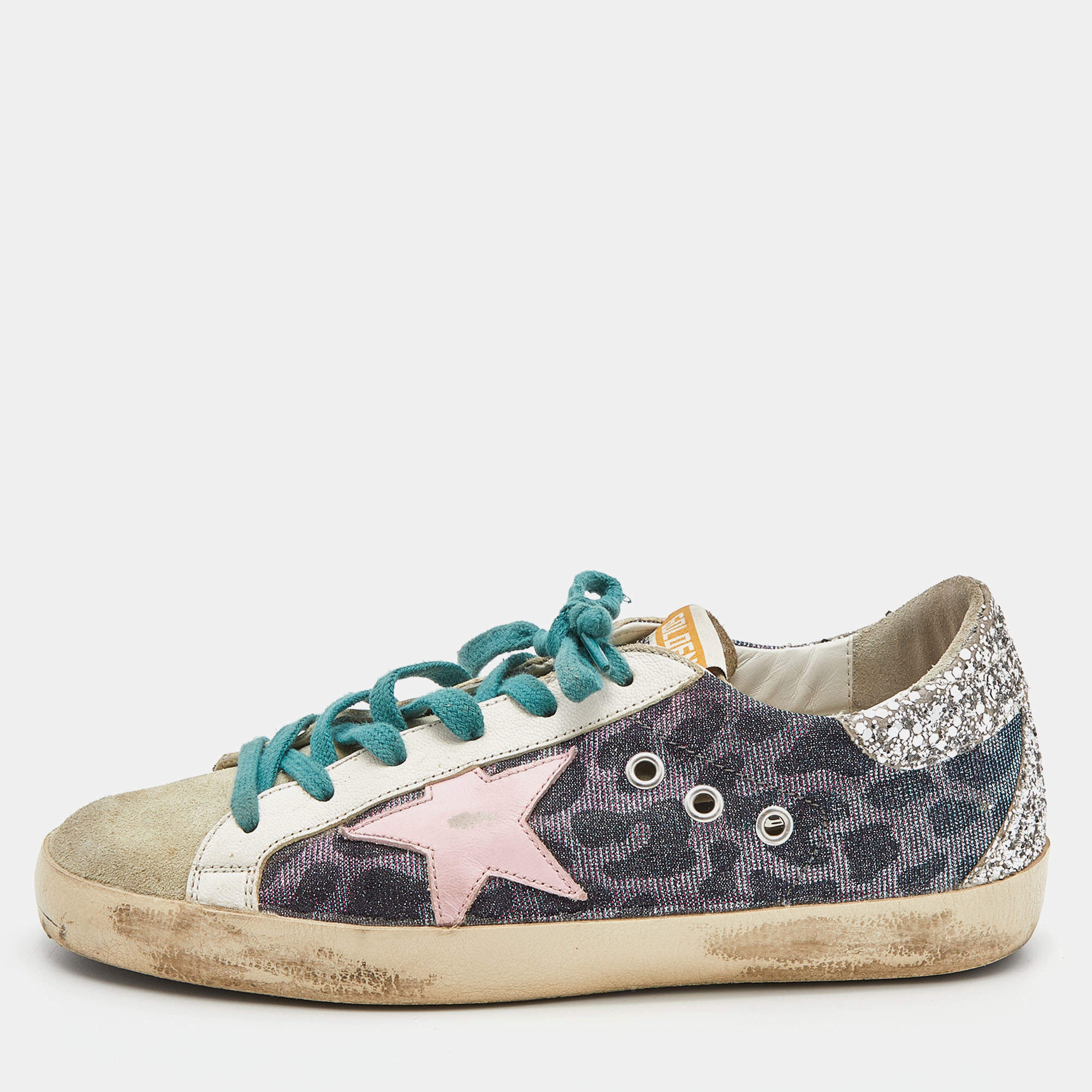 Pre Owned Golden Goose Multicolor Glitter,Lurex Fabric and Leather Superstar Lace Up Sneakers Size 38
