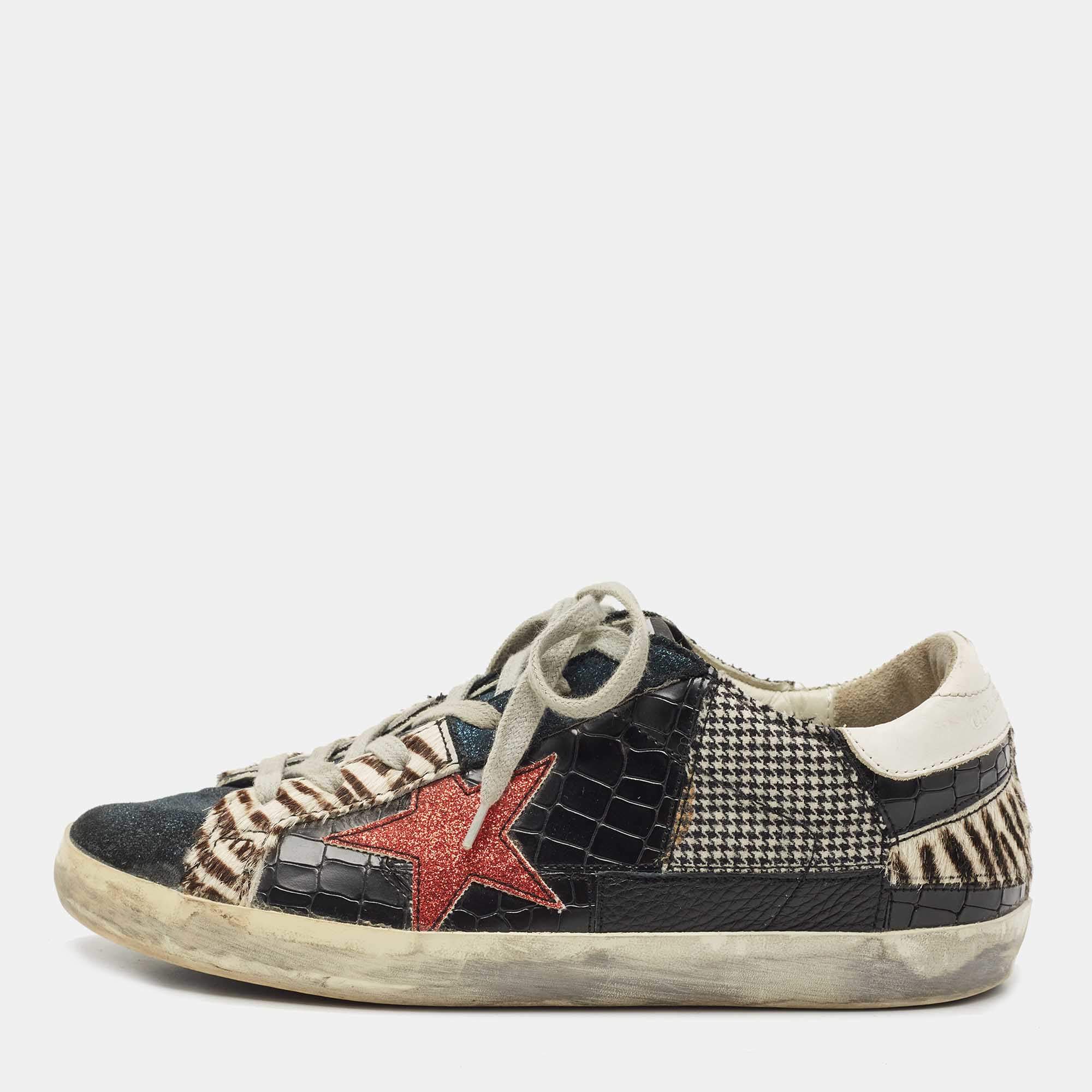 Pre Owned Golden Goose Multicolor Calf Hair and Croc Embossed Superstar Sneakers Size 38