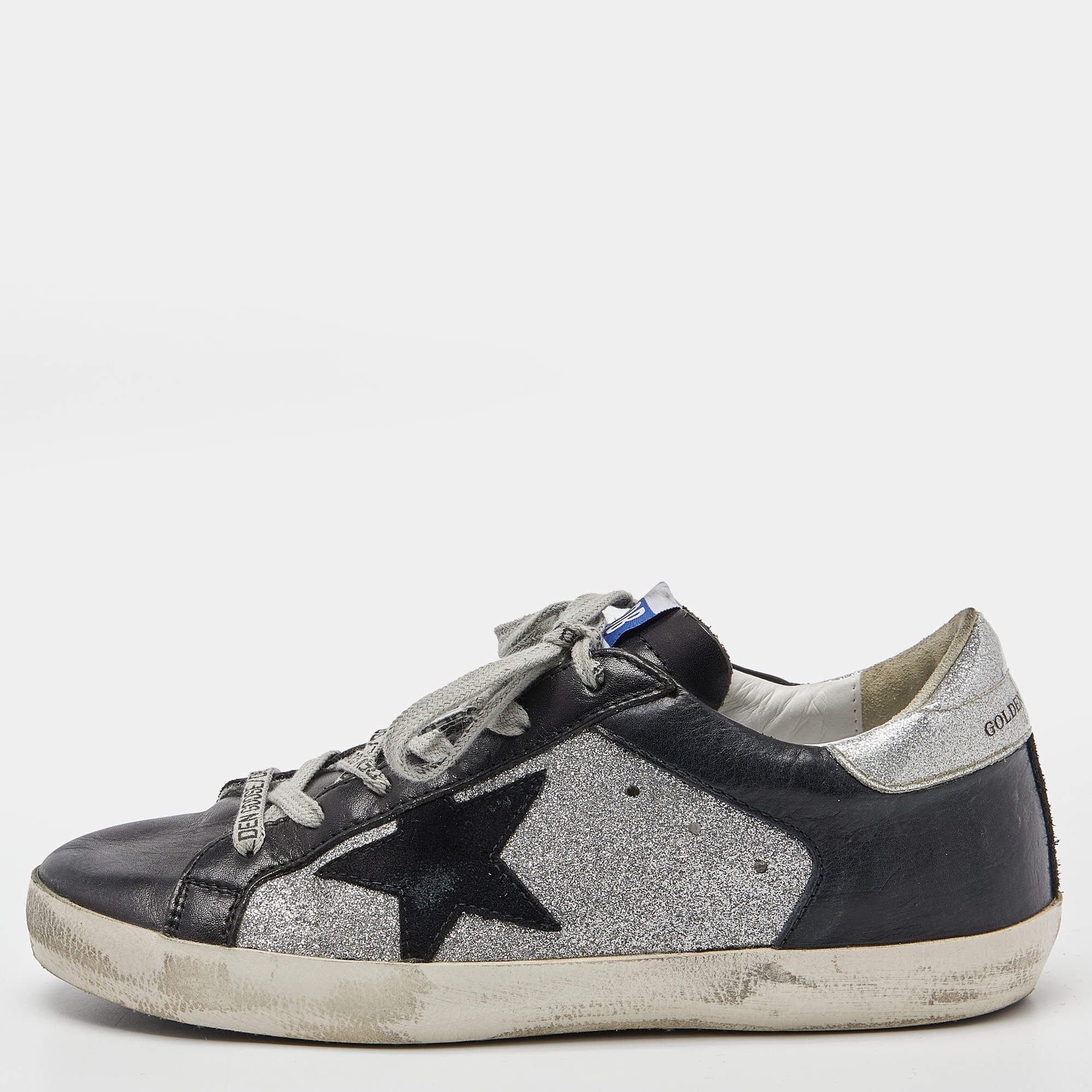 Pre Owned Golden Goose Black/Silver Leather and Glitter Superstar Sneakers Size 38