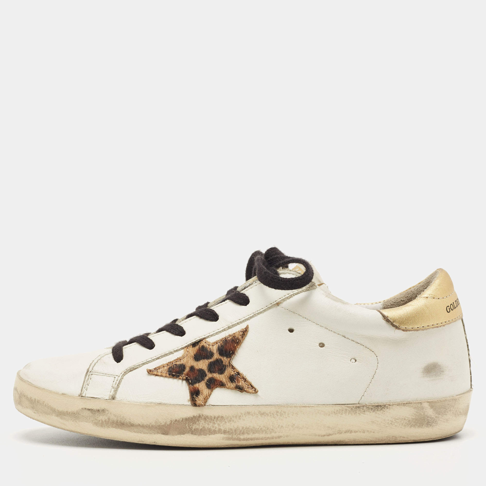 Pre Owned Golden Goose Deluxe Brand White White Metallic/White Leather Tab Leopard Star Superstar Sneakers 38