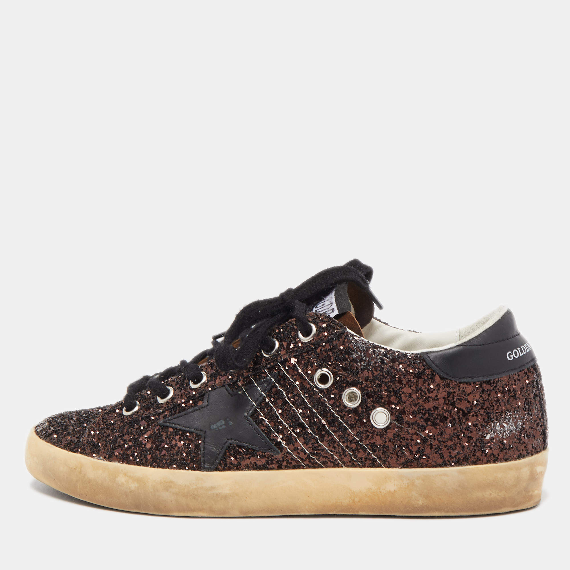 Pre Owned Golden Goose Metallic Gold Glitter and Leather Superstar Sneakers Size 38