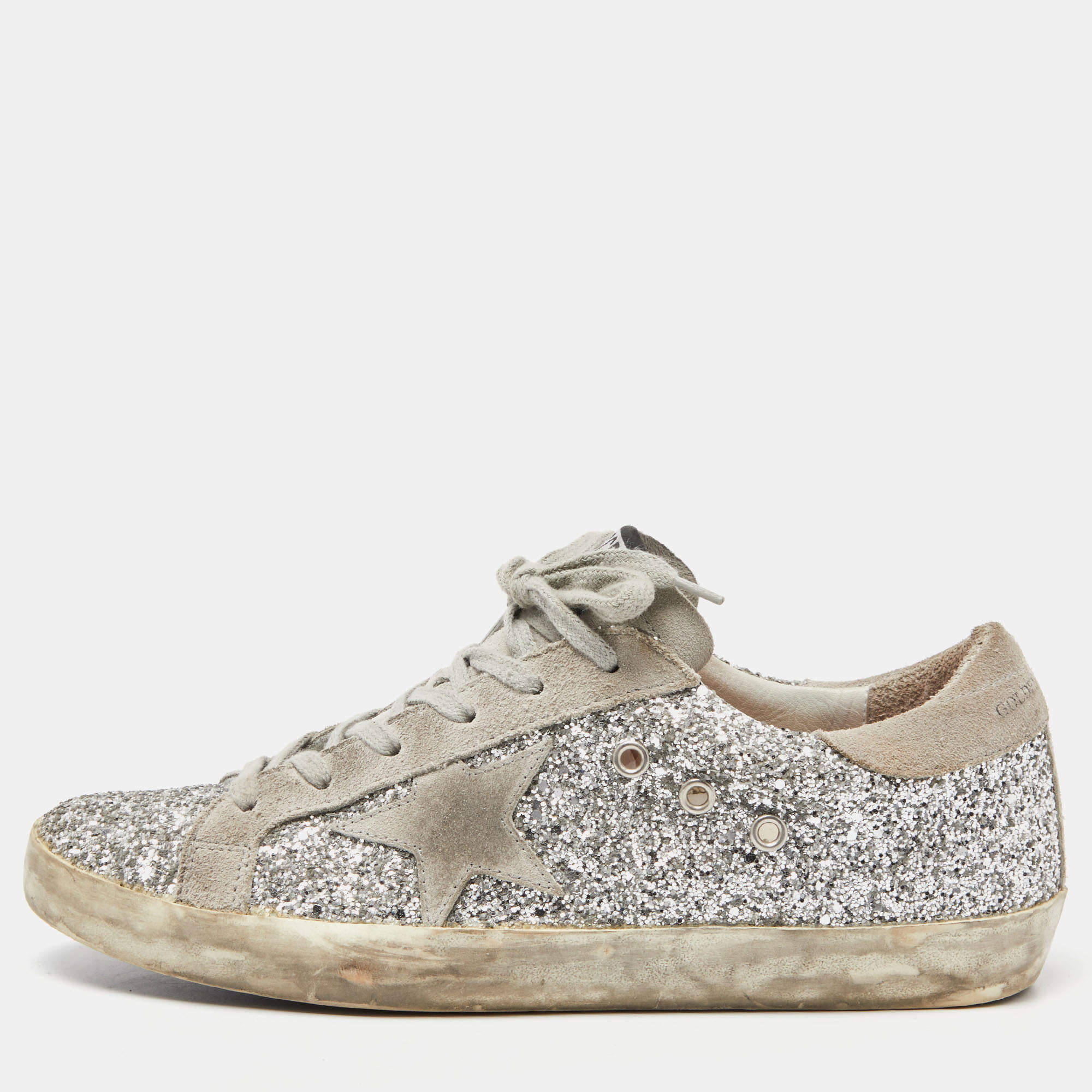 Pre Owned Golden Goose Grey/Silver Suede and Glitter Superstar Sneakers Size 40