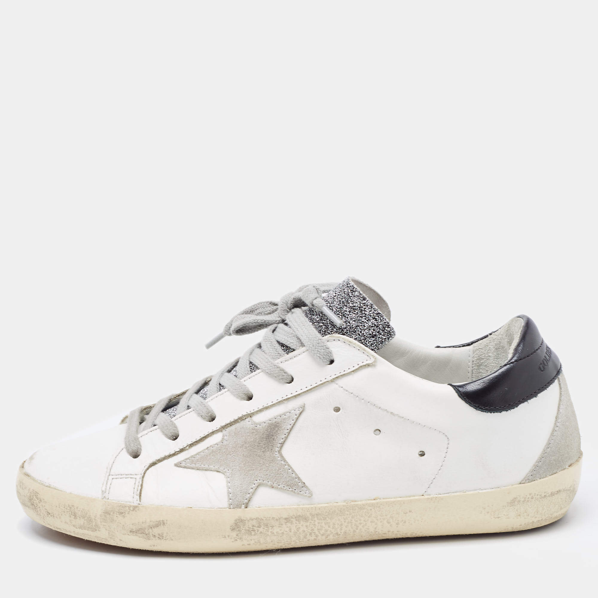 Pre Owned Golden Goose White Leather Superstar Lace Up Sneakers Size 37