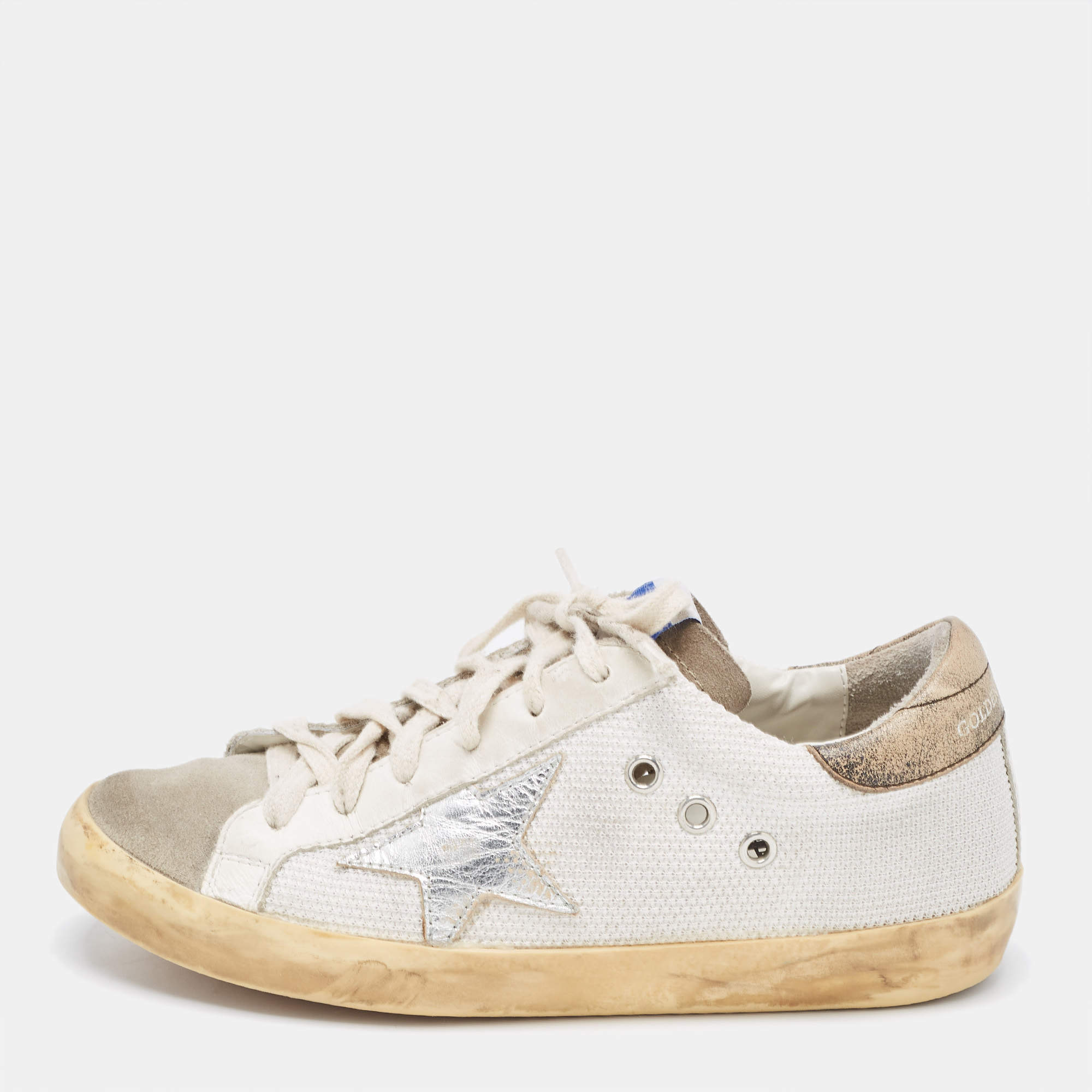 Pre Owned Golden Goose White/Grey Mesh and Suede Superstar Sneakers Size 36
