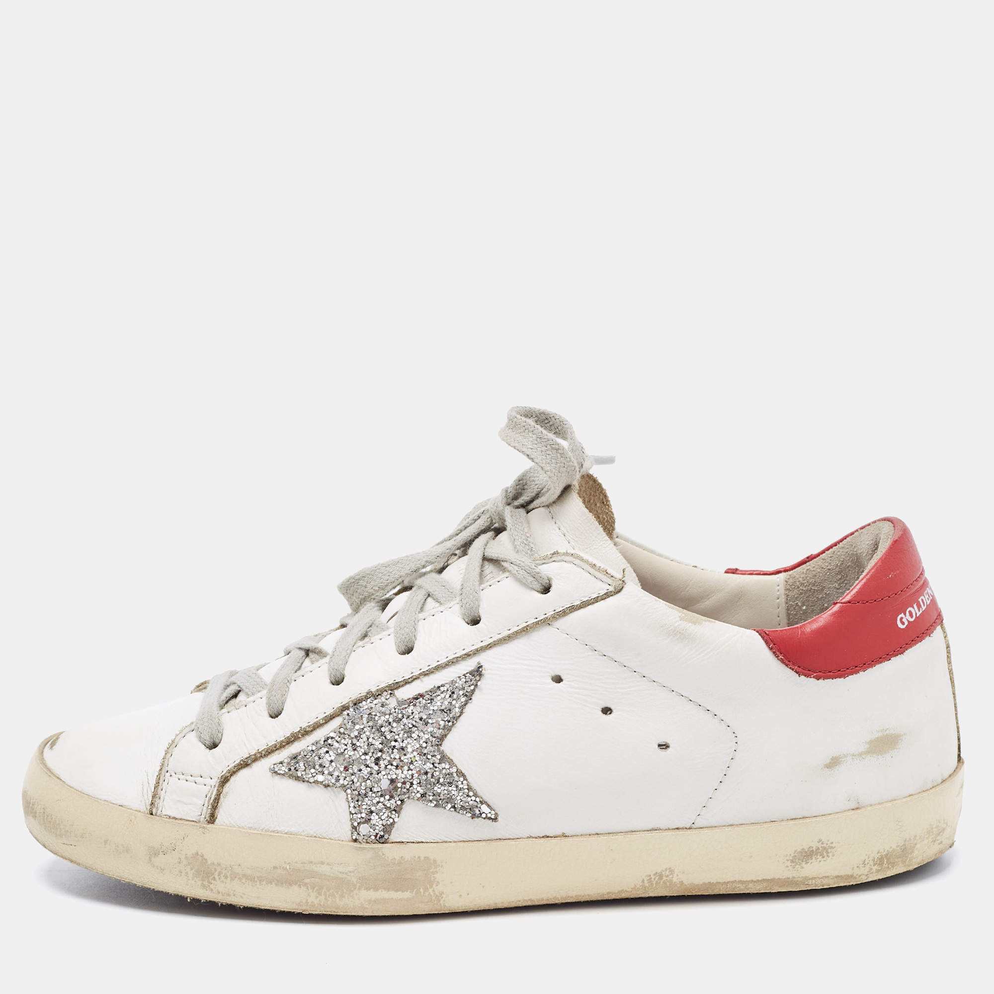 Golden Goose White/Red Leather and Coarse Glitter Superstar Sneakers Size 38