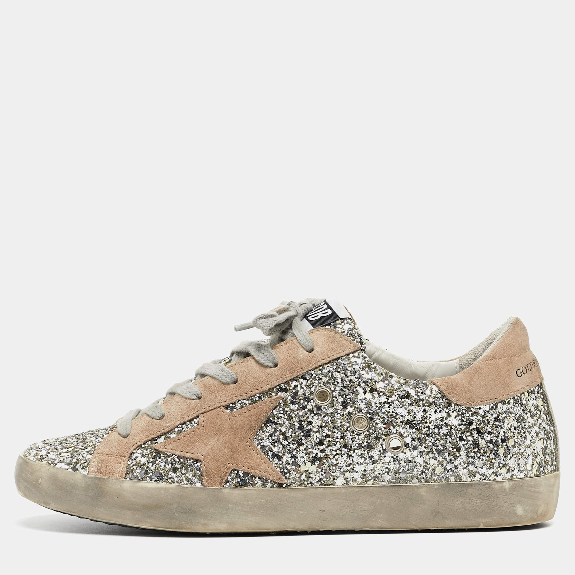 Pre Owned Golden Goose Silver/Beige Coarse Glitter and Suede Super-Star Sneakers Size 38