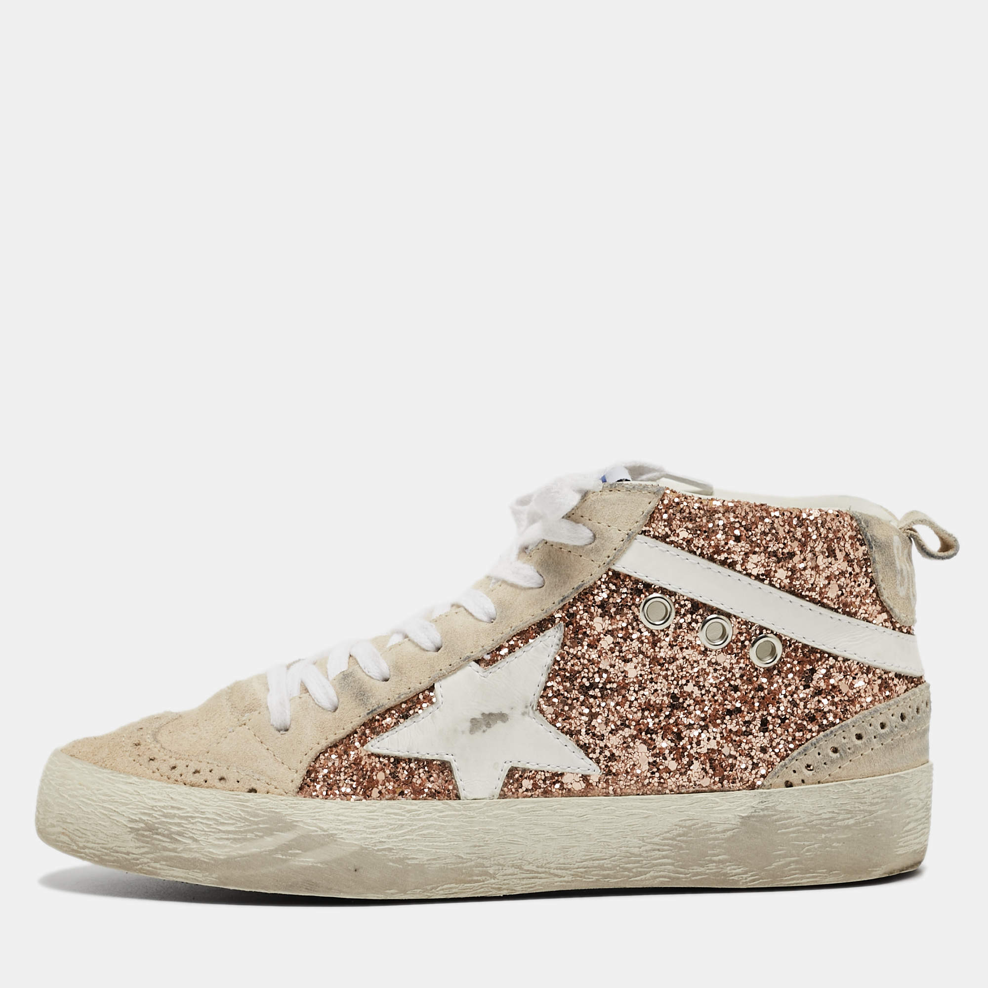 Pre Owned Golden Goose Tricolor Glitter and Grey Suede and Glitter High Top Sneakers Size 36