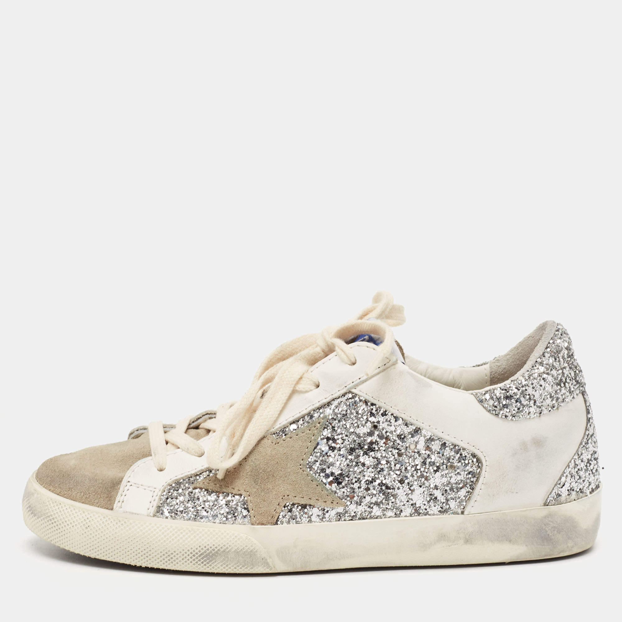 Pre Owned Golden Goose White/Grey Suede and Leather Superstar Sneakers Size 36