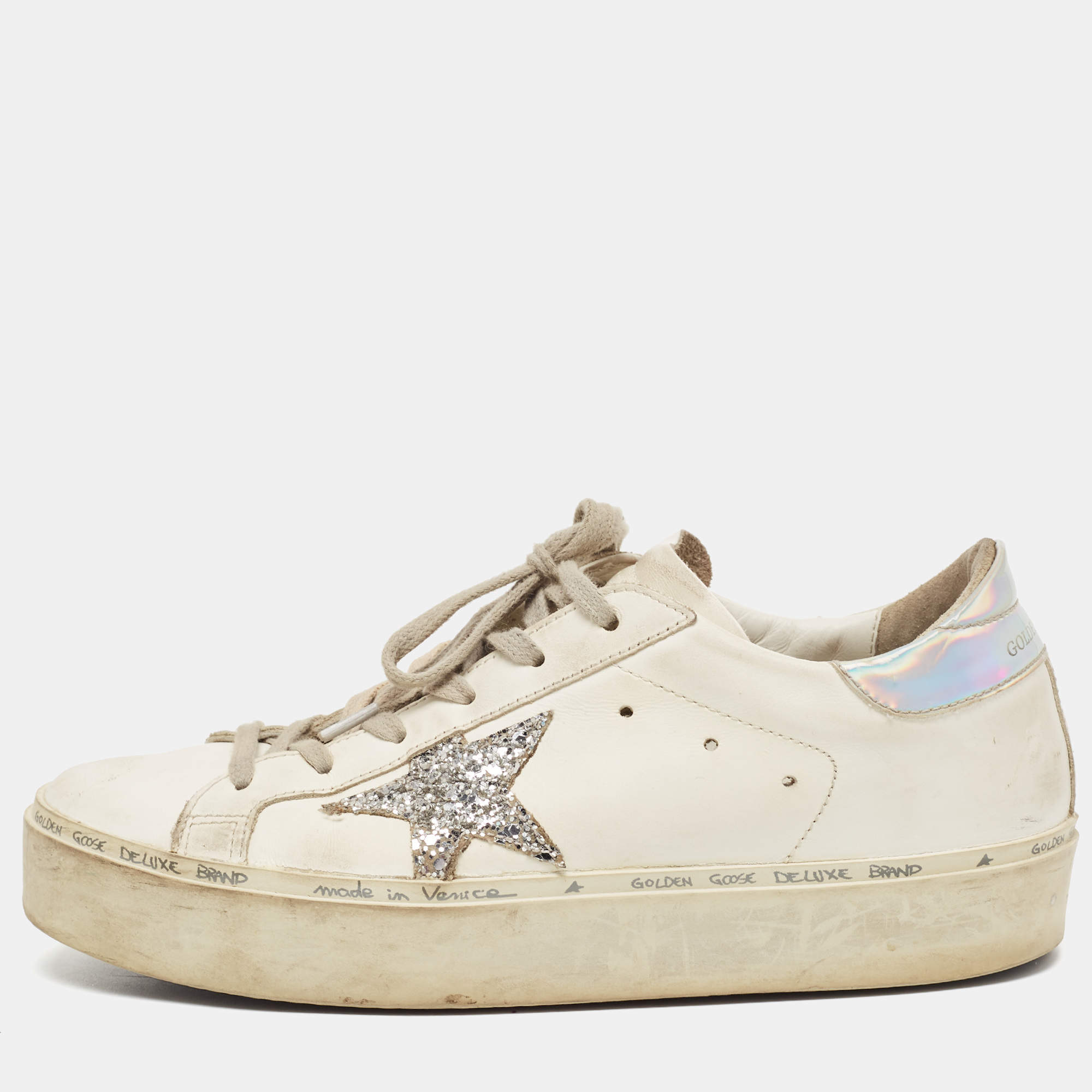 Pre Owned Golden Goose White Leather Hi Star Low Top Sneakers Size 38
